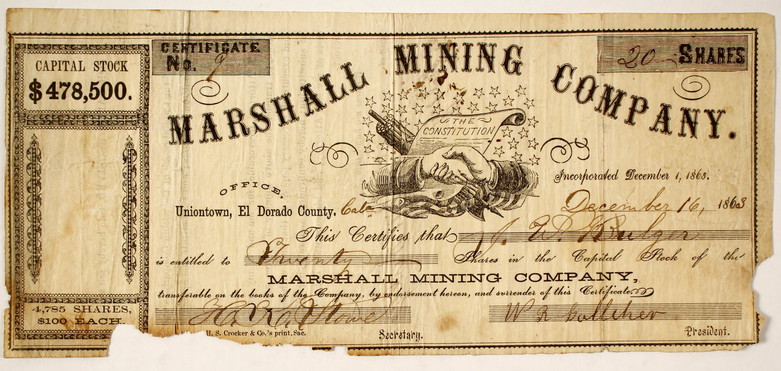 Marshall Mining Company Stock (85248): Number 9 for 20 shares to JW Bulgar. Signed by HK Stowe and president WR Gallther(?). Dateline 1863. Incorporated December 1, 1863, dated December 16, 1863. Office listed in Uniontown, El Dorado Count