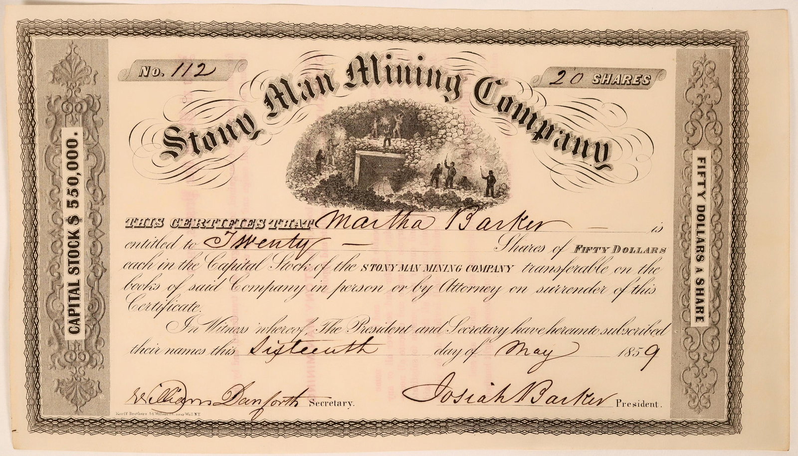 Stony Man Mining Company Stock Certificate with: Very early. Number 112, issued for 20 shares to Martha Barker on May 16th, 1859. Signed by secretary William Danforth and president Josiah Barker. Not cancelled. Unusual underground mining vignette! V