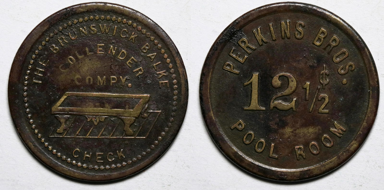 Courtland, AZ Token: Perkins Bros. Pool Room /: The Brunswick Balke/Collender/Compy/Pictorial of billiard table/Check//Perkins Bros./ 12 1/2[x=#162/]/ Pool Room. Rd., Br., 25mm. R-8.Courtland is a ghost town in Cochise County, Arizona, that was fou
