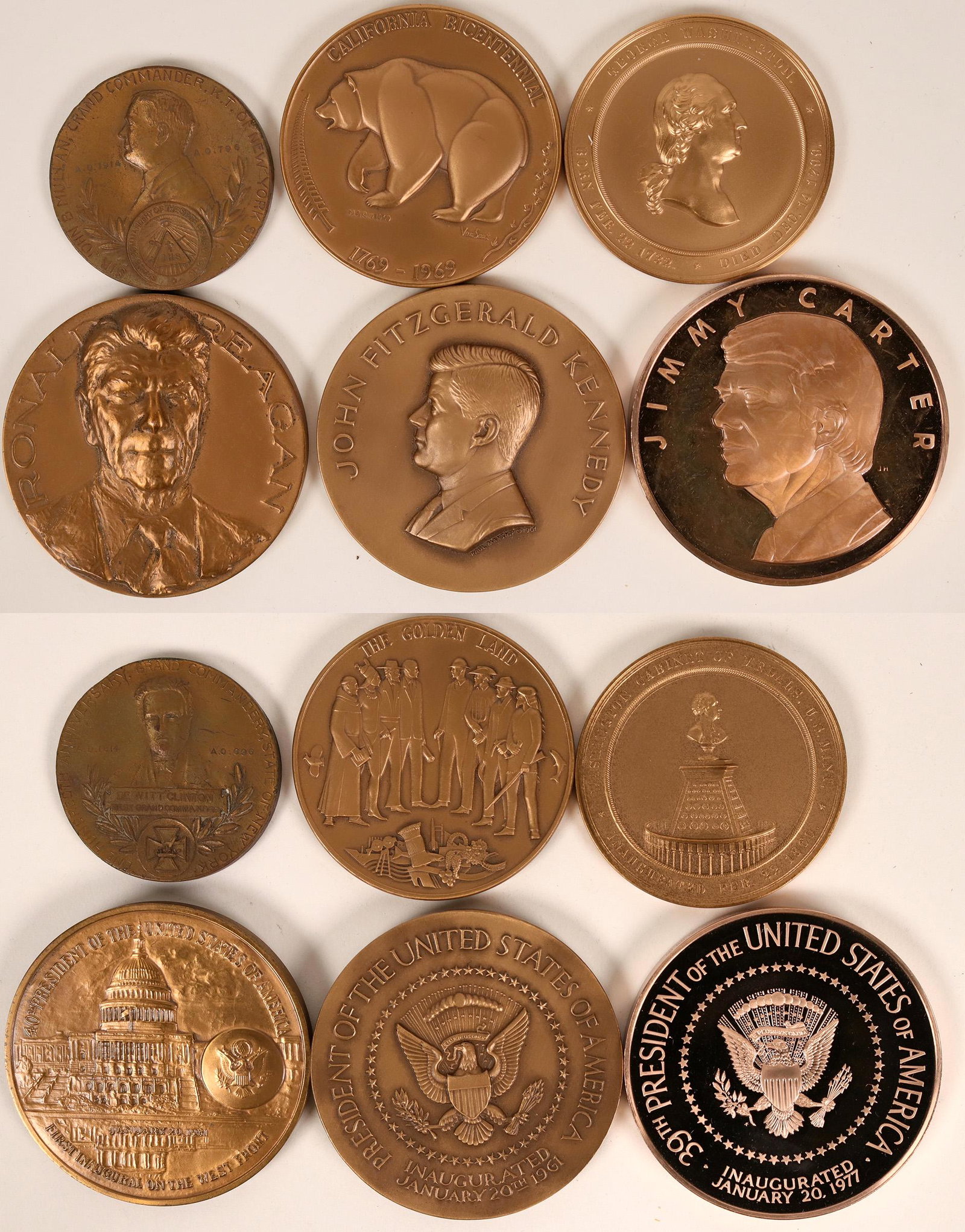 Large Presidental and Other Mint Medals (Lot of 6): 1) John Kennedy Medallic Art Co. official inaugural medal. 70mm, Bronze. 2) Jimmy Carter official inaugural medal struck by the Franklin Mint. 70mm, Bronze. 3) Ronald Reagan Medallic Art Co. official 