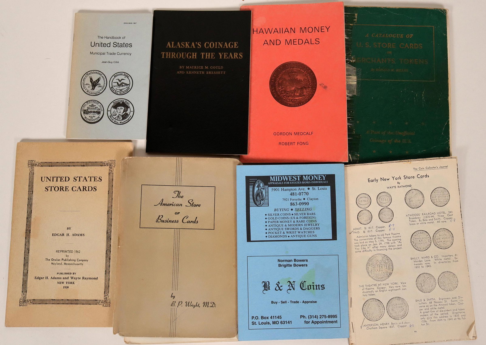 General Books on Tokens (7) (119630): Lot of 7. These are general books on tokens, early references. 1) Hawaiian Money And Medals. Gordon Medcalf. 2) Alaska's Coinage Through the Years by Maurice M. Gould and Kenneth Bressett. 3) Missouri