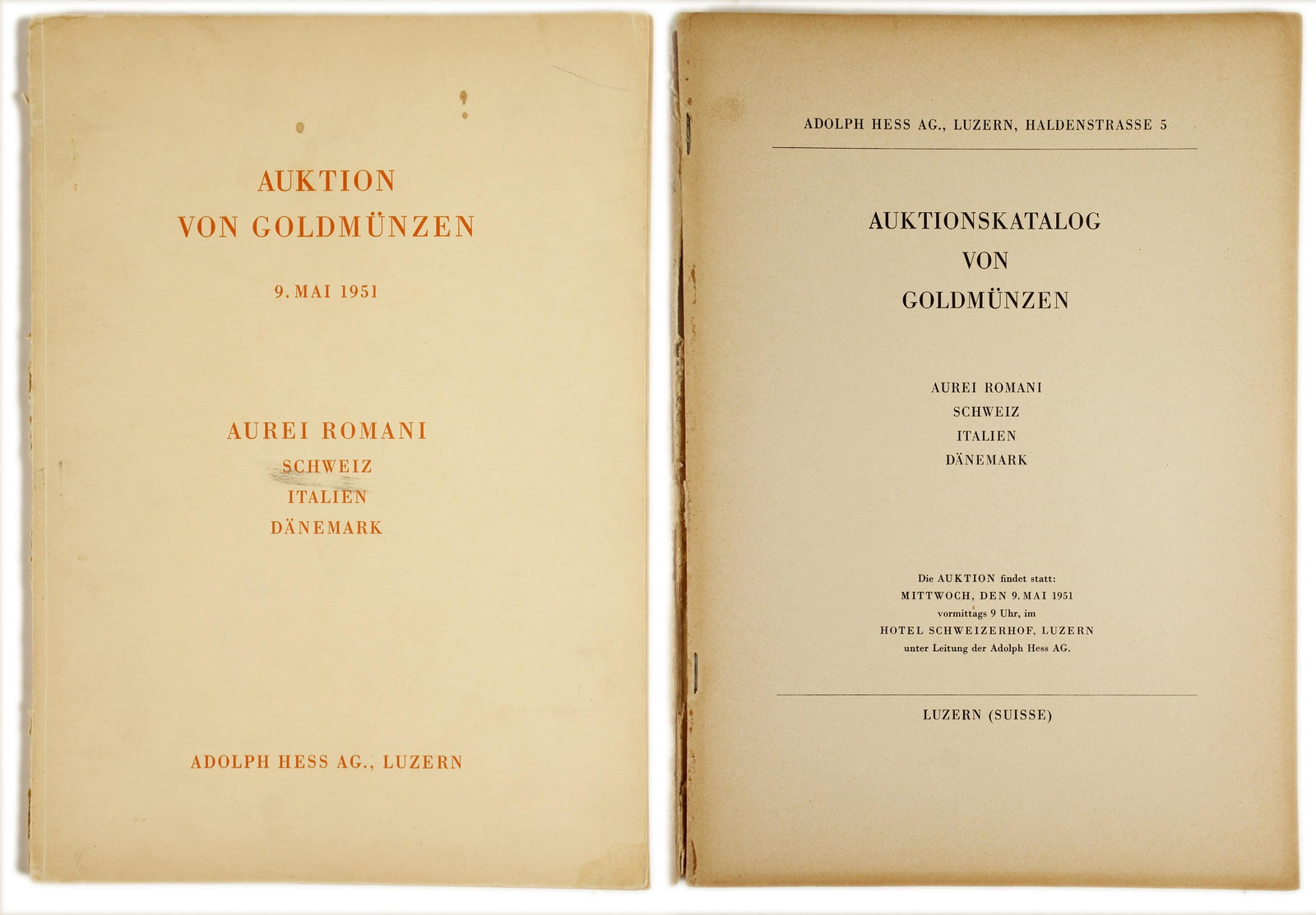 Auktion Von Goldmunzen (81310): Auction catalogue from the company of Adolph Hess, of Lucerne, May 1951. Twenty four page descriptions, fifteen pages of black and white photos. 8 x 11 inches. Founded in 1870, the company was with Sp