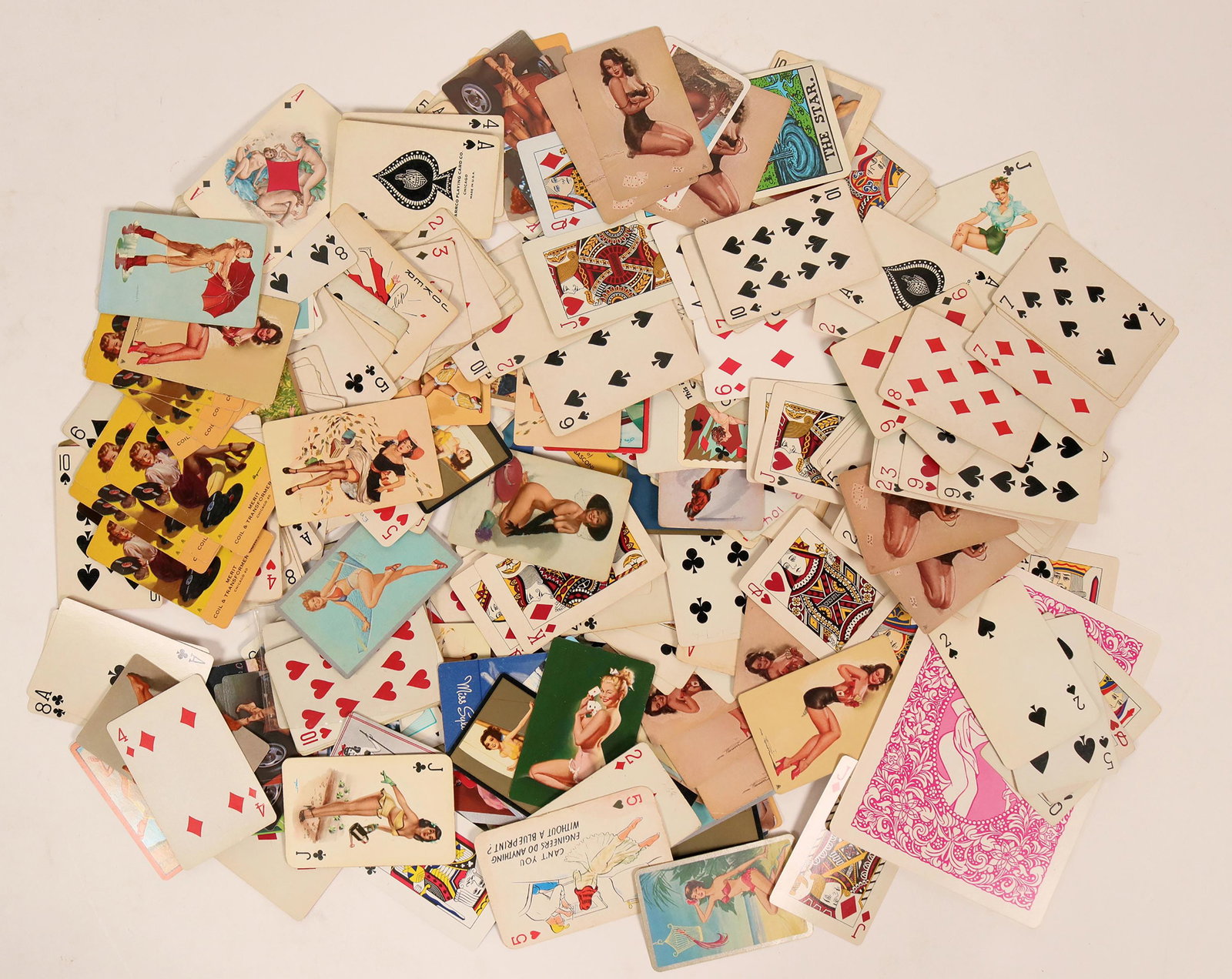 Pin-up playing cards (120229): This is a cache of pin-up playing cards; incomplete sets. The artists all celebrate the female form with artists like Elgren, MacFherson, and Vargas, c. 1930-1990's.. At least 50-100 cards total. Prov