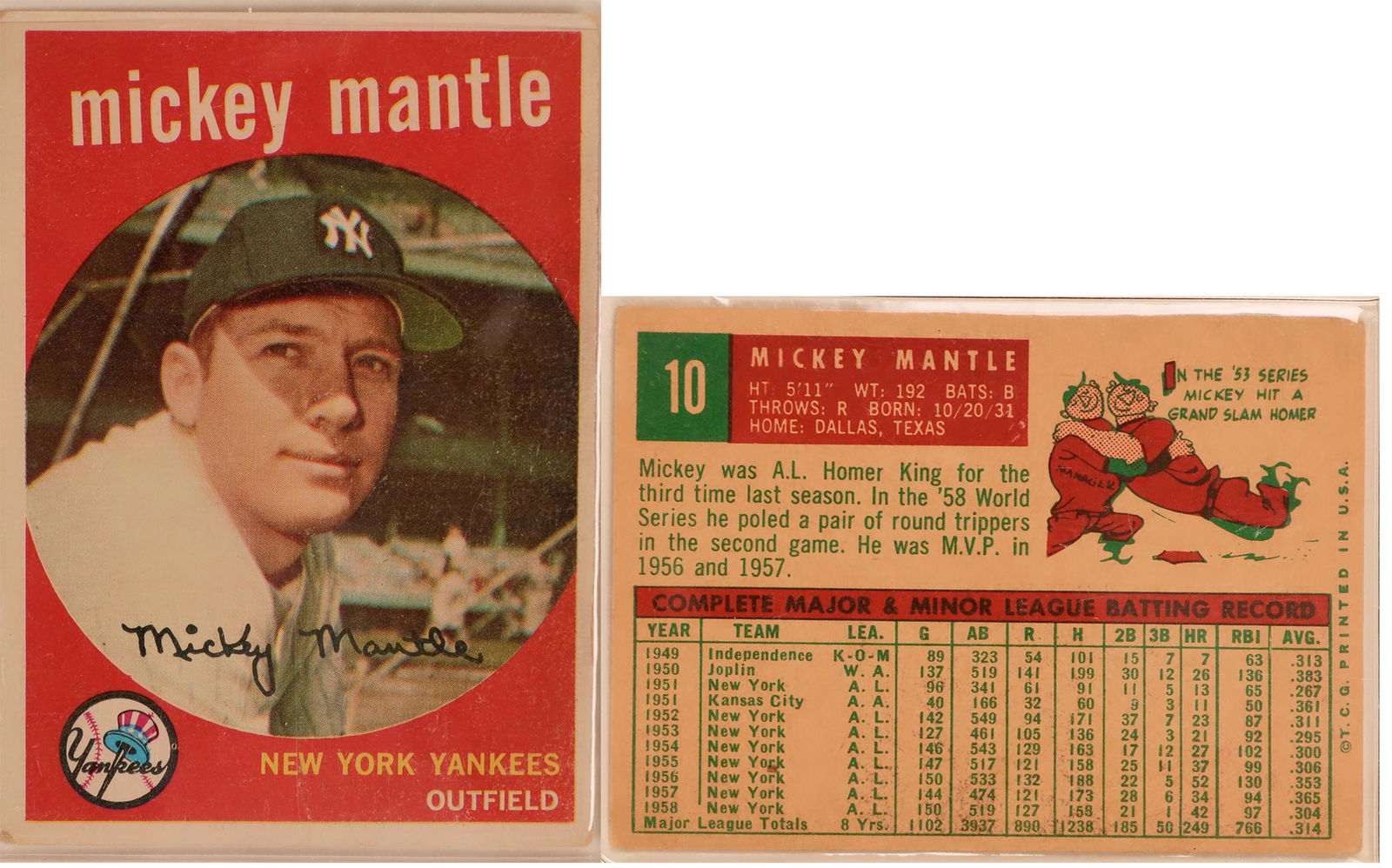 Mickey Mantle Topps 1959 Baseball Card #10 VF (111942): Very nice example of this great 1959 Topps baseball card of the Yankee great Mickey Mantle. In 1956, Mickey hit .353 with 52 HR and 130 RBI. He was MVP that year as you would imagine. Although this ca