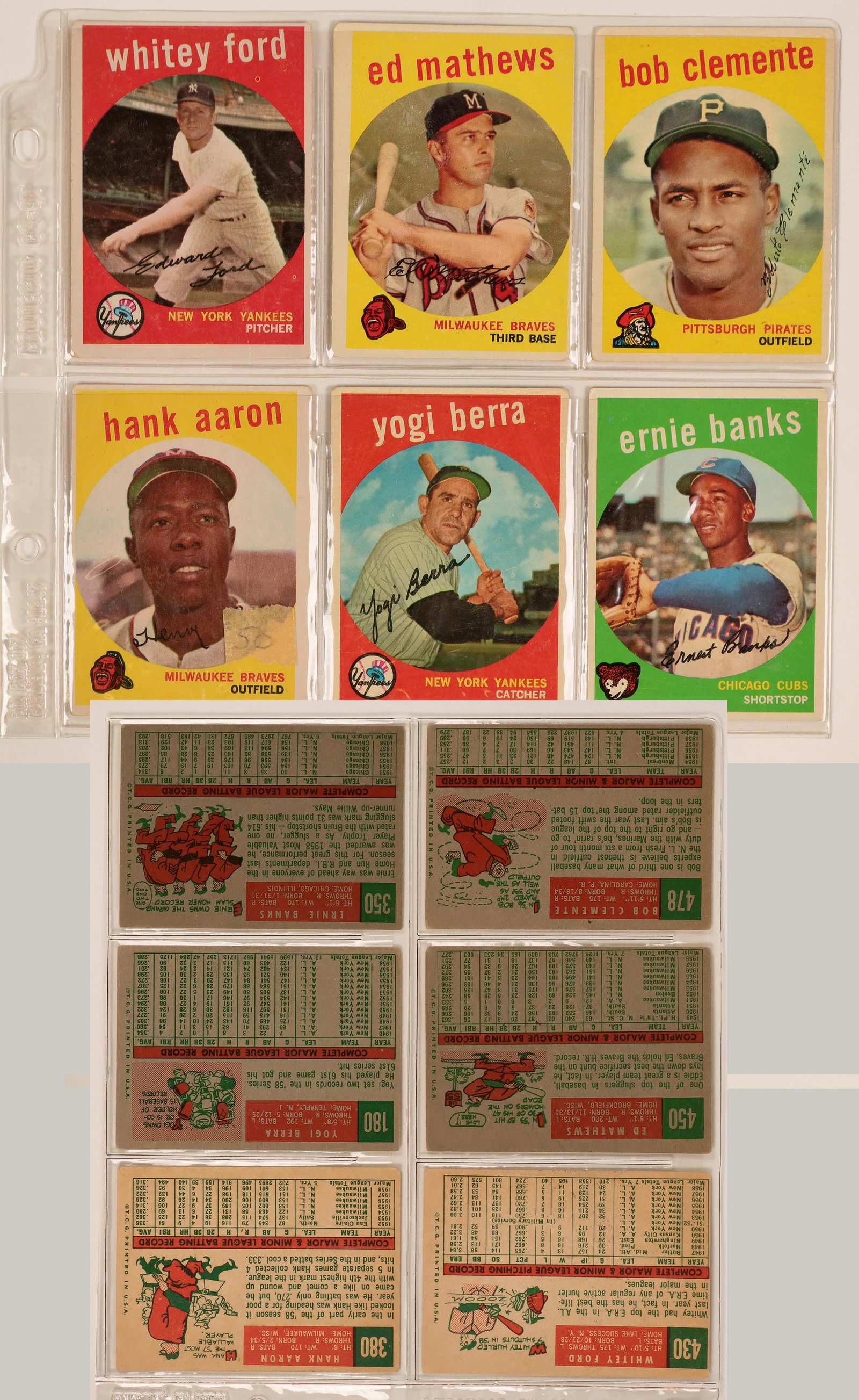 1959 Topps Baseball Cards From Six Hall of Famers: Great set of 1959 cards includes Whitey Ford, Ed Mathews, Bob (Roberto) Clemente, Hank Aaron, Yogi Berra and Ernie Banks. All in very nice condition and all in the Baseball Hall of Fame at Cooperstown
