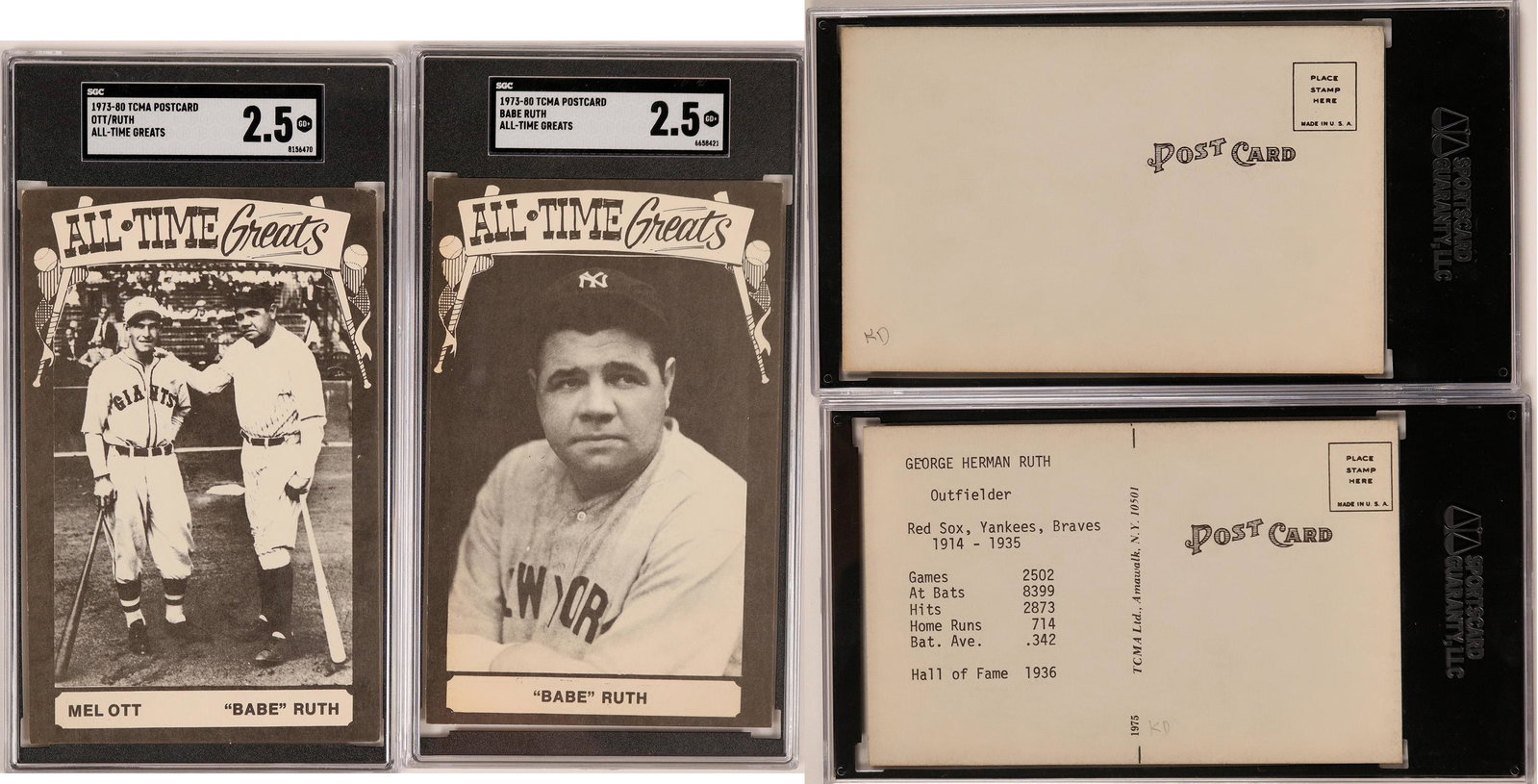 All-Time Greats Babe Ruth & Mel Ott Postcards (119210): This is a pair of TCMA All-Time Greats series that feature one Babe Ruth card and one featuring Ruth along with National League home run champ[ion Mel Ott. Both are in very good condition. See photos 