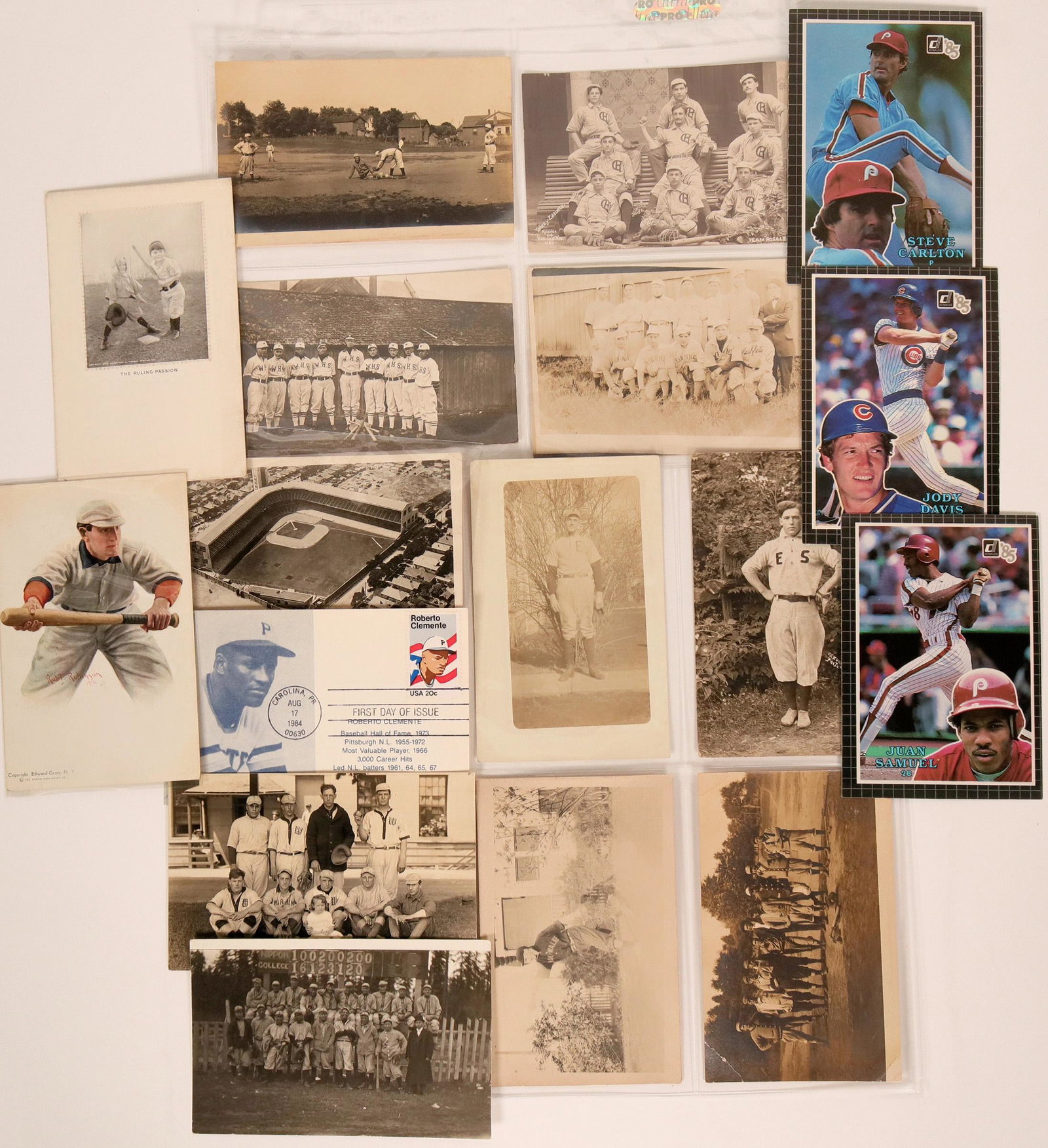 Early Pro Baseball Photos and Postcards (13) (119702): Grab bag lot. Various postcards and photos of baseball stadiums, teams and players. Includes RPC of Wrigley Field. RPC of St. Martins College Team vs Nippon Japanese Team. Roberto Clemente Postcard wi
