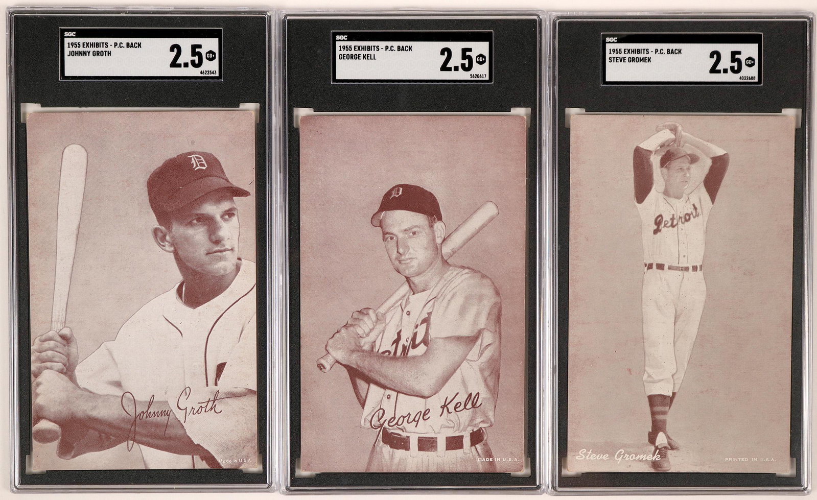 HOF George Kell Plus Mutoscope Postcards (117202): This is trio of MLB player Mutoscope postcards that include Hall of Fame mGeorge Kelly. Also included are right-handed hitter Johnny Groth of the Tigers and right handed pitcher Steve Gromek. All are 