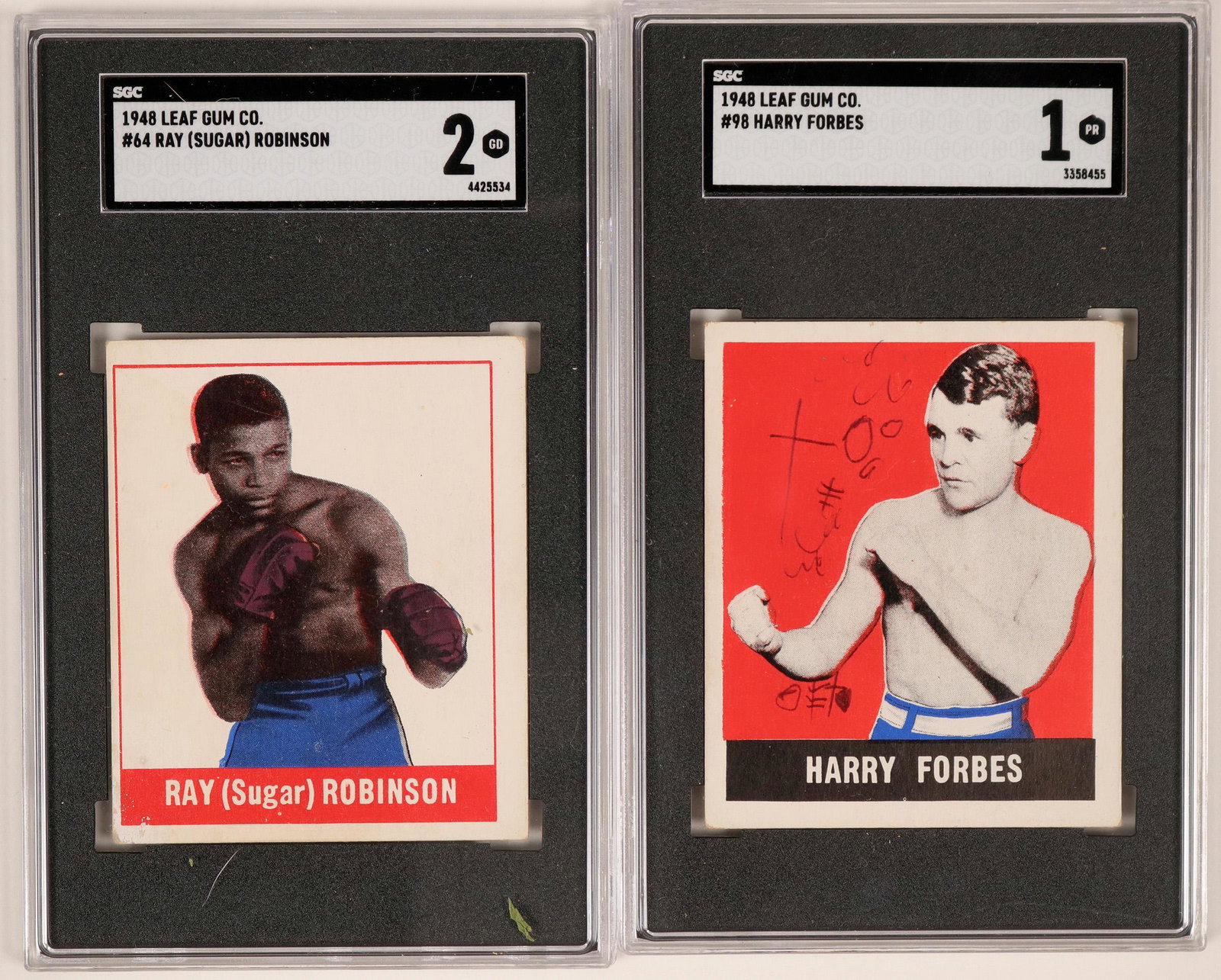 Sugar Ray Robinson and Harry Forbes Bubble Gum Cards: Two bubble gum cards from Dubble Bubble Knock Out Brand. One features Welterweight Champion Sugar Ray Robinson, the other, Batamweight Champ (1900-1903), Harry Forbes. The Forbes card has some pen mar