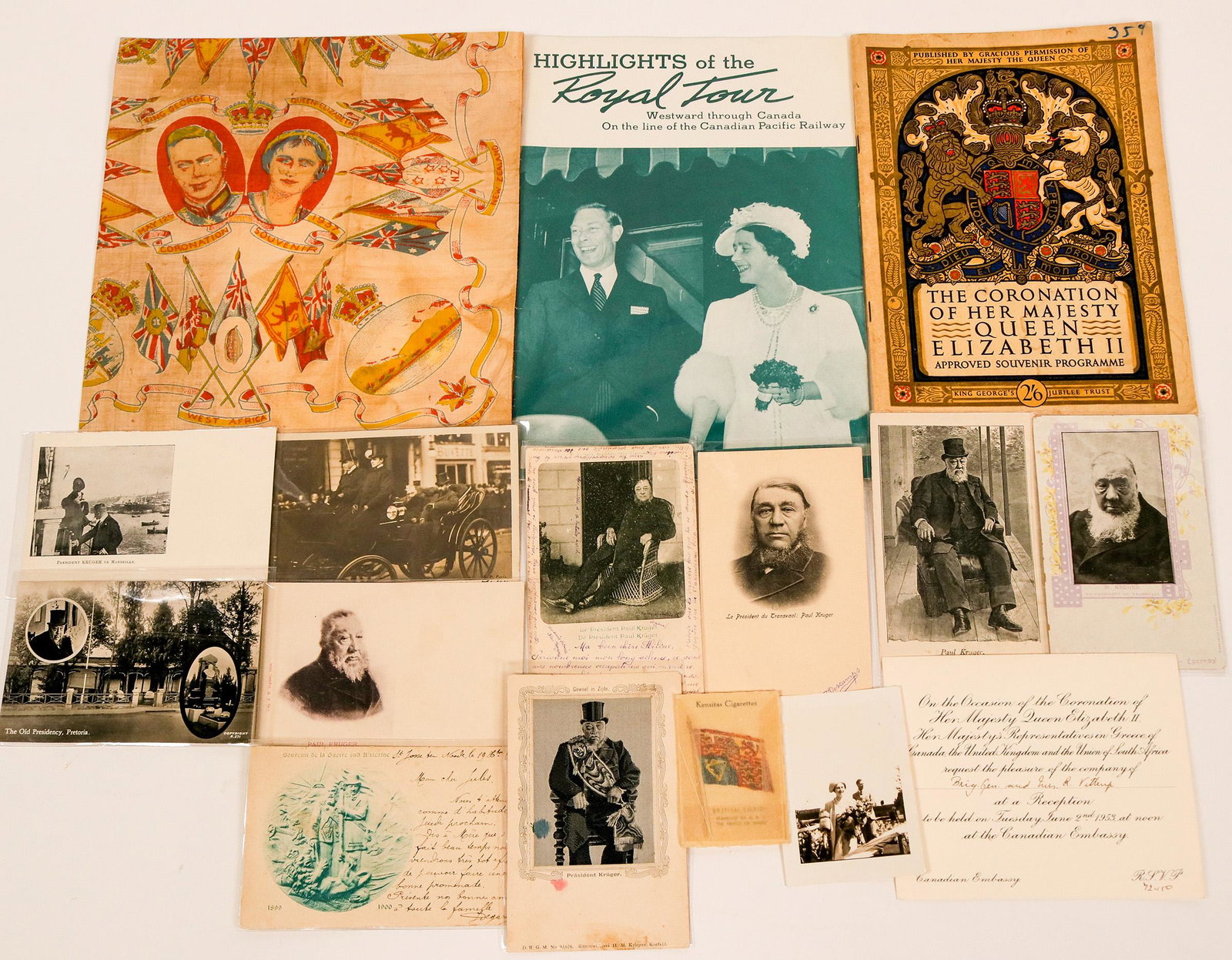 Coronation of King George VI Queen Elizabeth Souvenirs: Lot of six items related to the coronation of King George VI and Queen Elizabeth in 1937, and Queen Elizabeth II in 1953, plus 10 RBC and litho postcards, c1900-04 of Stephanus Johannes Paulus "Paul" 