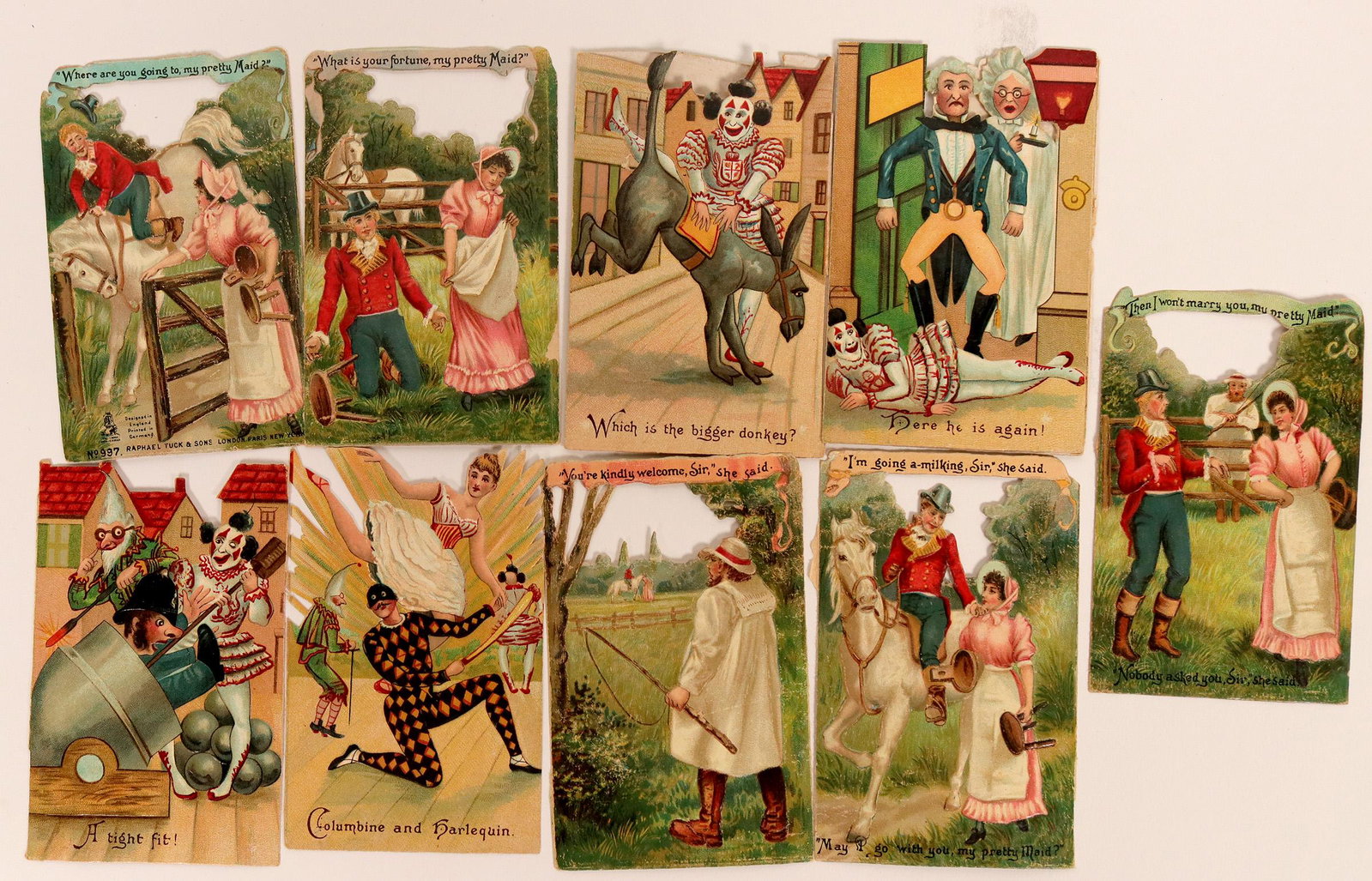 Maier & Zobelein Brewery Advertisements (118107): Collection of nine extra rare, very colorful and whimsical advertisements for Maier & Zobelein Brewery in Los Angeles. The approx. 3 x 5 inch high gloss cards by Raphael Tuck & Sons London, Paris, New
