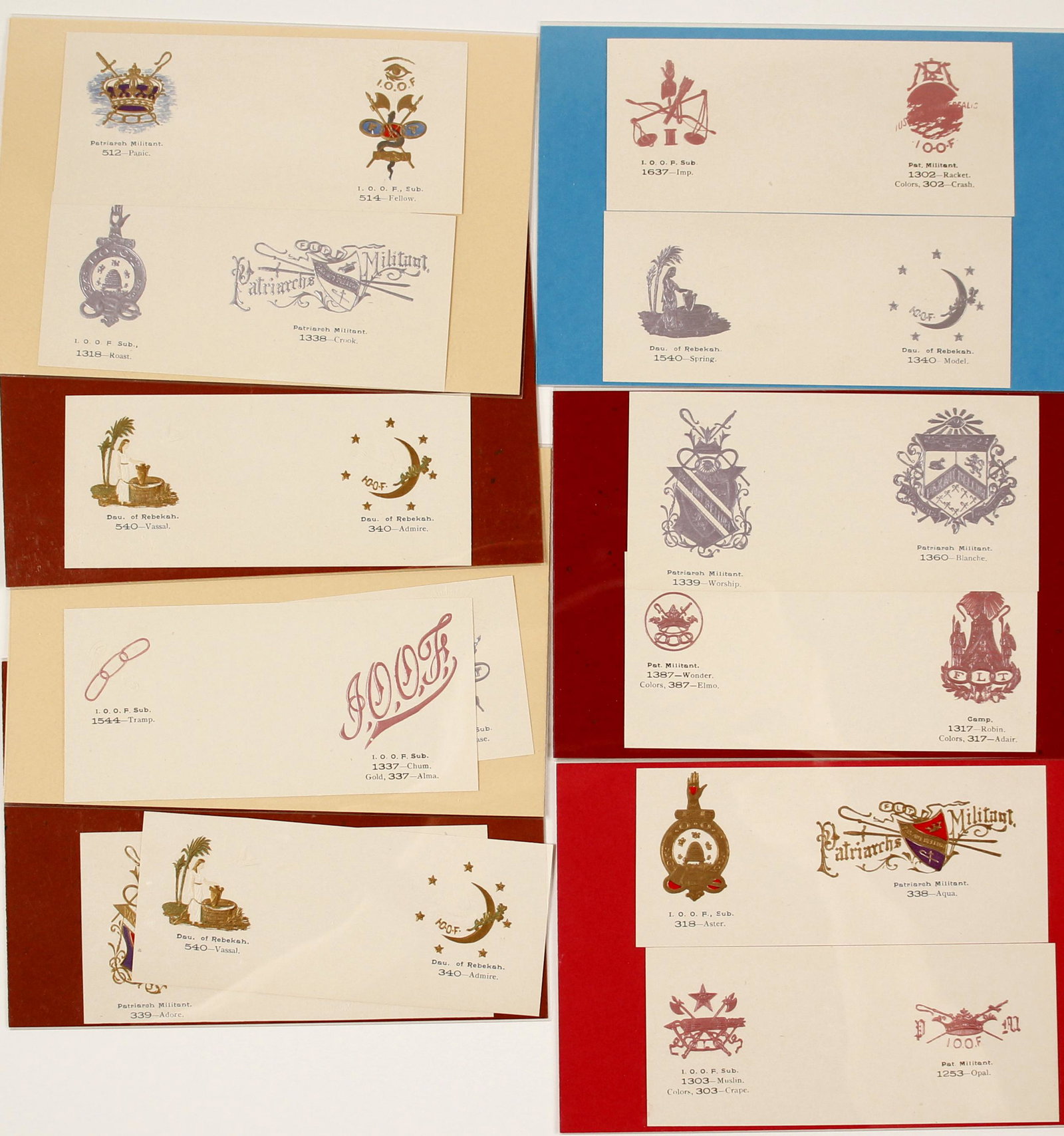 IOOF Printer & Engraver Sampler Plates for Calling: Lot of 13 color engravers and printers samplers for IOOF calling cards. Many are gilt. Two samples per block, 13 blocks. Blocks are 2 x 4.5" No printer listed. Attractive group!Provenance: Country (if