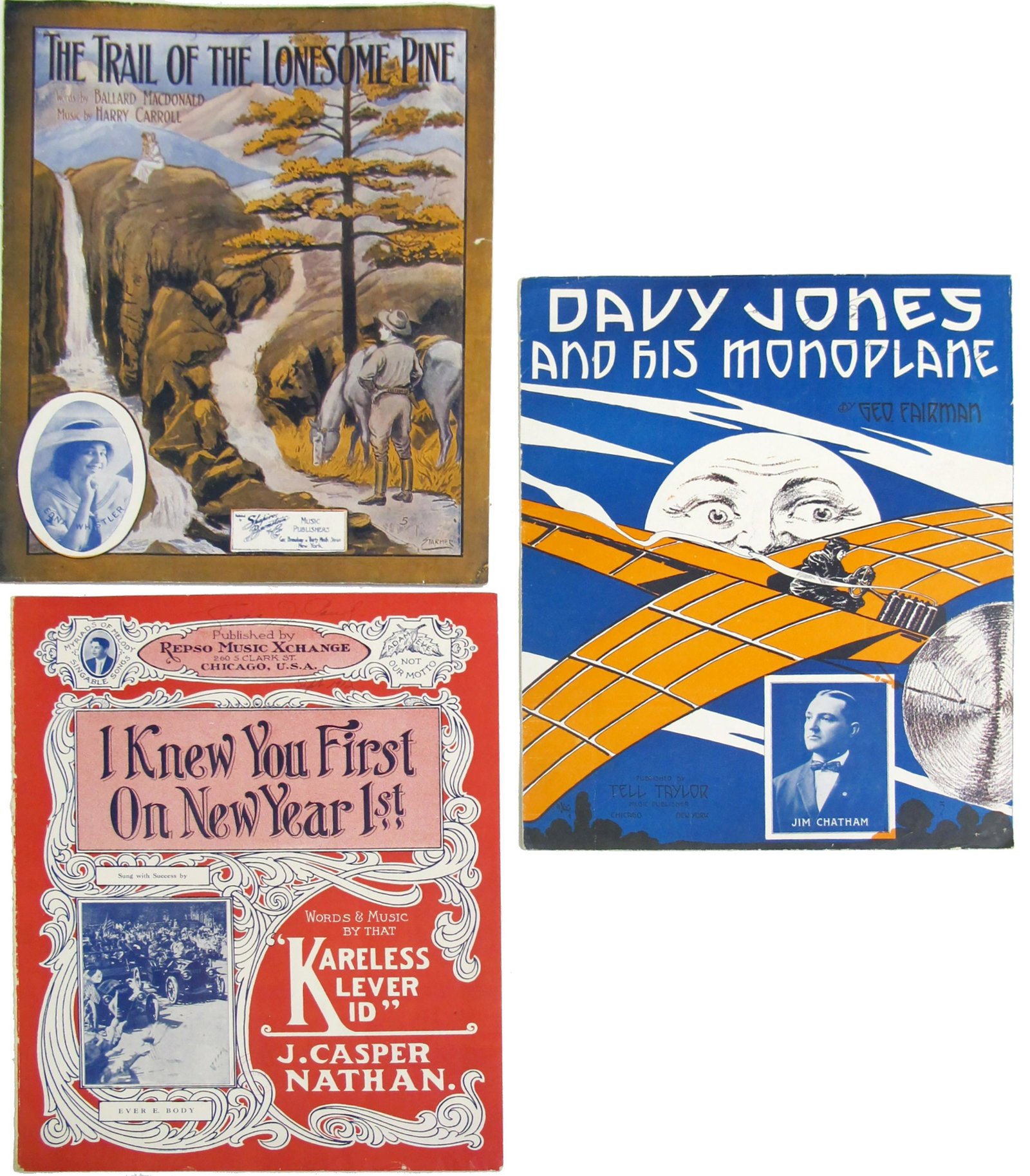 Old Sheet Music (3) (86420): The Trail of the Lonesome Pine by Ballard Macdonald, I knew U+You First on New Year 1st by J Casper Nathan, Davy Jones and his Monoplane by Geo Fairman. Light ink writing on covers.Provenance: Country