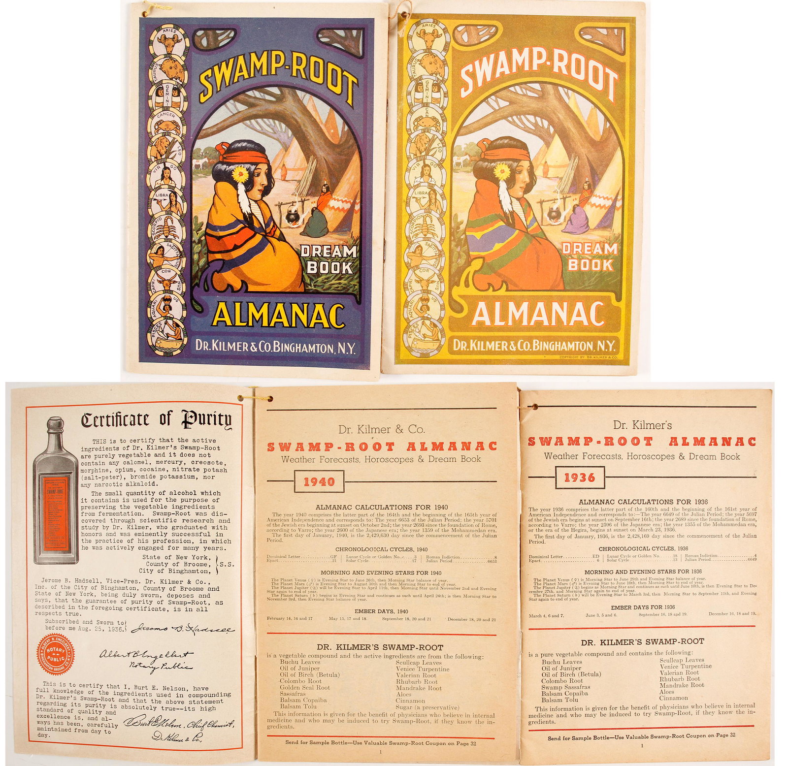 Swamp Root Almanacs (2) (87114): 2 Swamp Root Almanac Dream Books. 1936 and 1940. Colorful Native American covers.Provenance: Country (if not USA): State: City/County: Date: 1936, 1940