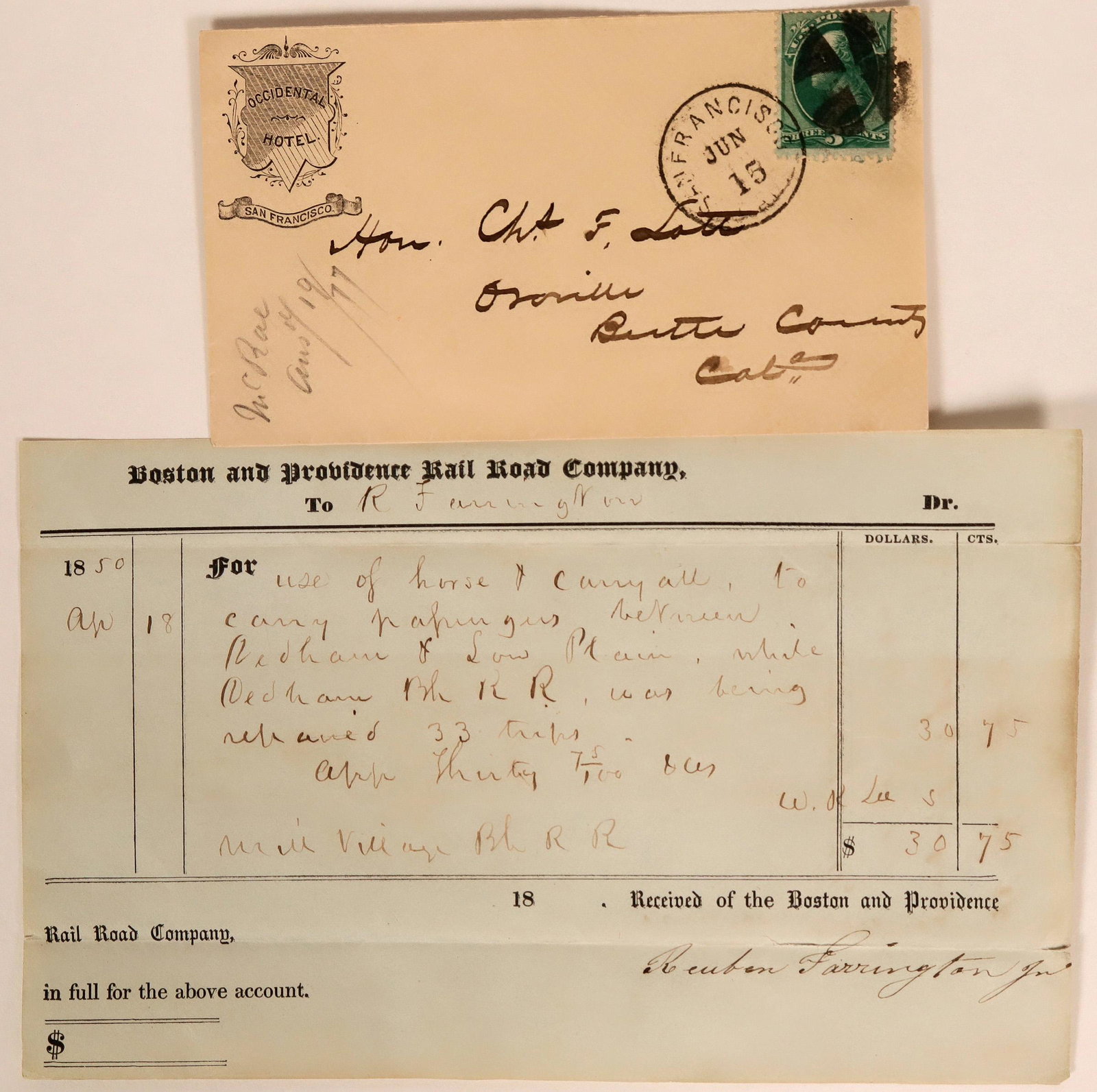 Occidental Hotel Corner Advertising Cover Plus Bonus: Lot of 2. 1) Corner ad. cover for the Occidental Hotel in San Francisco. Mailed June 1877 to Oroville. No contents. 3 cent stamp with cross cancel. The Occidental was a luxury hotel built in the 1860s