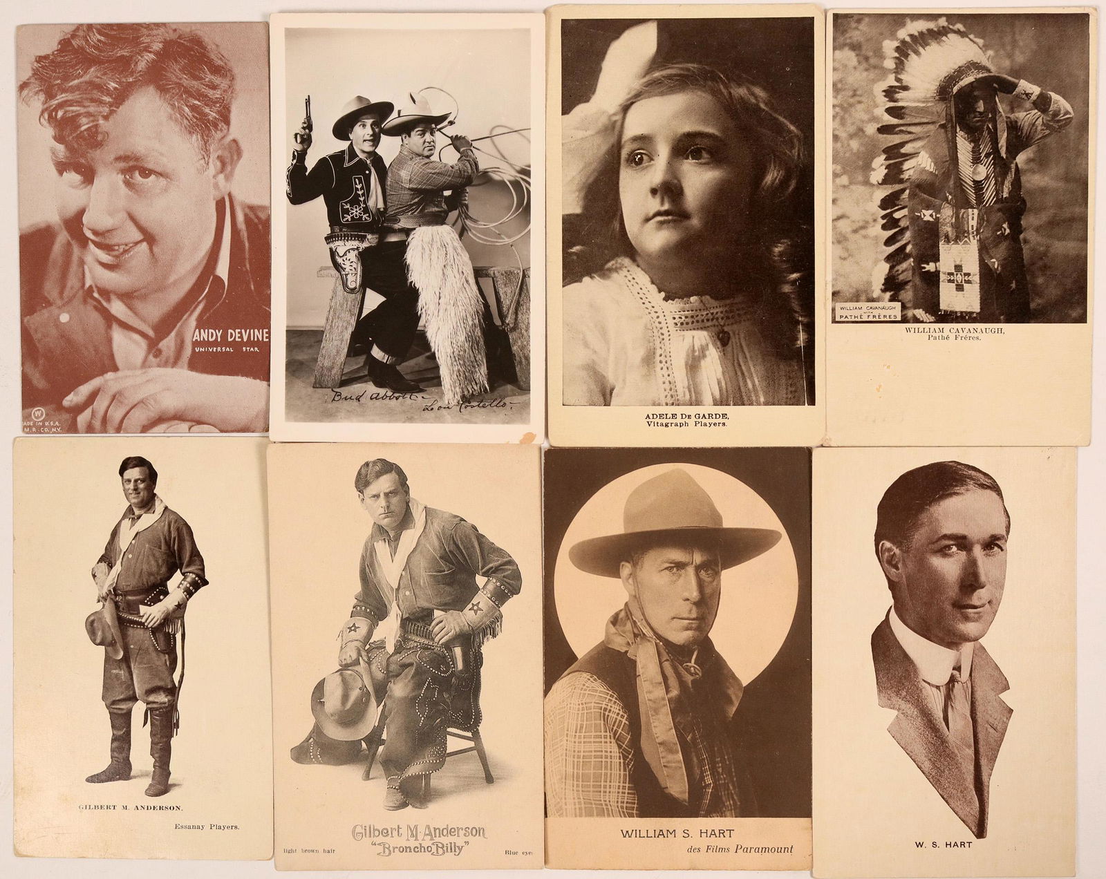 Cowboy Actors Postcards (8) (111718): Lot of postcards featuring cowboy postcards. Includes two cards featuring William S. Hart, in two different styles. Also includes, Gilbert M. Anderson, in two different styles; one of Anderson's is ti