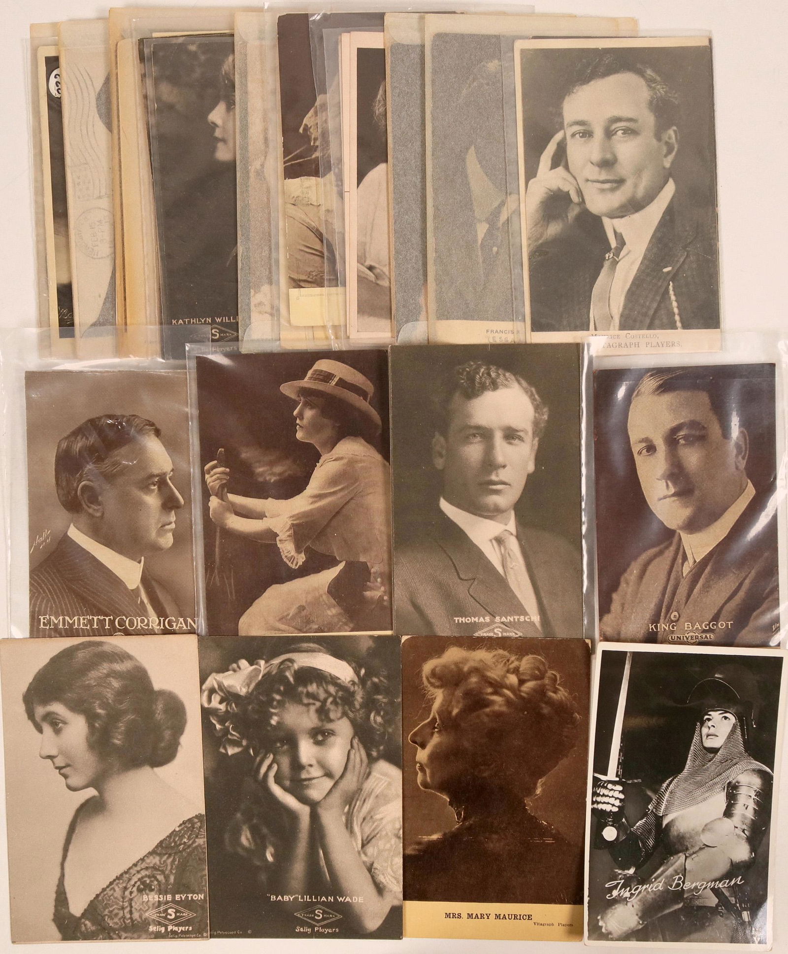 Big Lot of Early Hollywood Stars Postcards (41): This large lot of Early Hollywood Stars is a diverse group of stars. The more well-known stars include Swedish actress Ingrid Bergman, actress Mary Pickford, vaudeville actor Maurice Costello, and sil