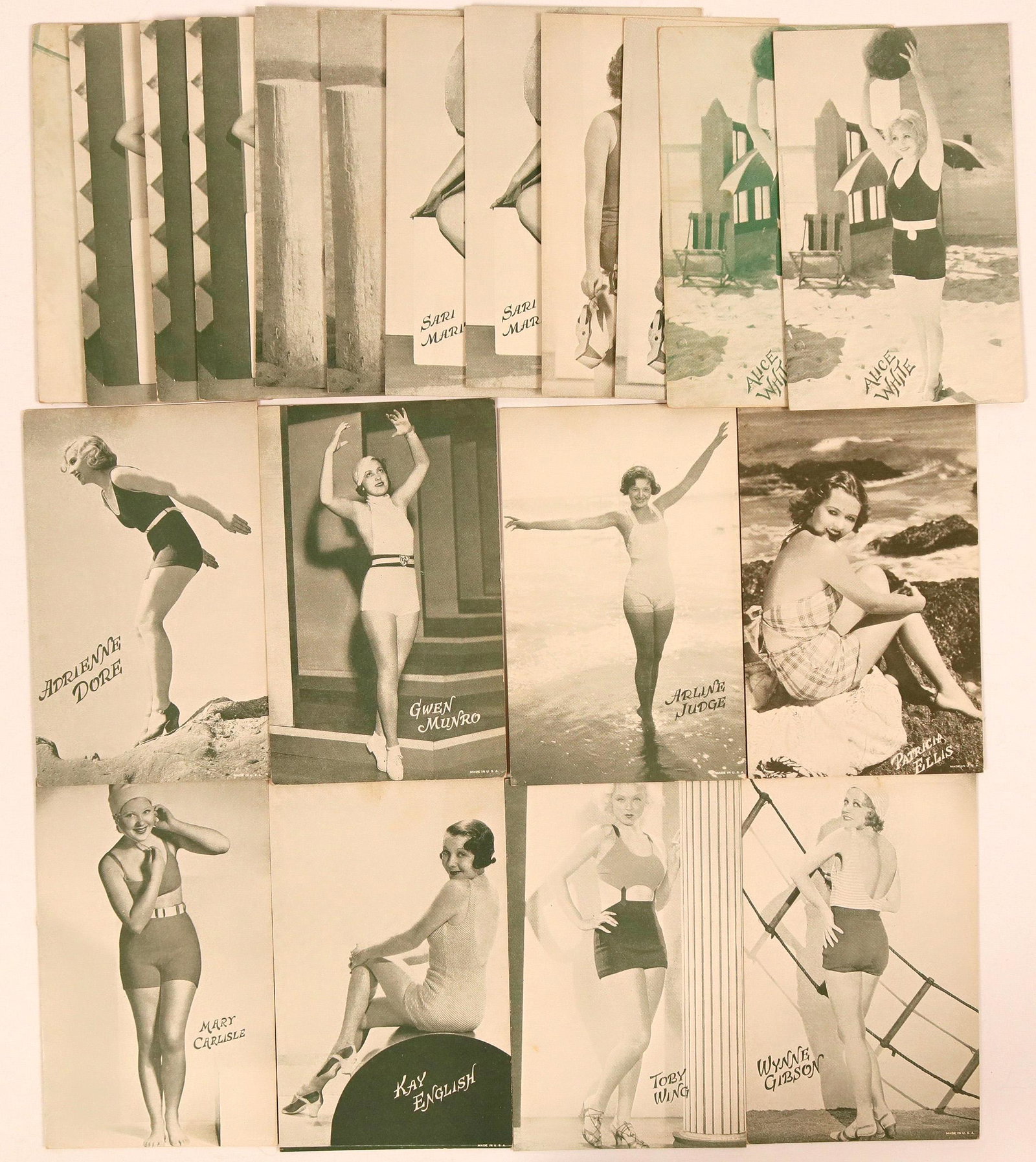 Hollywood Bathing Beauties Postcards (20) (111717): This lot features classic Old Hollywood stars as bathing beauties. Standout females include Joan Crawford, Wynne Gibson, Toby Wing, Kay English, Adrienne Dore, and Mary Carlisle. See photos for more g