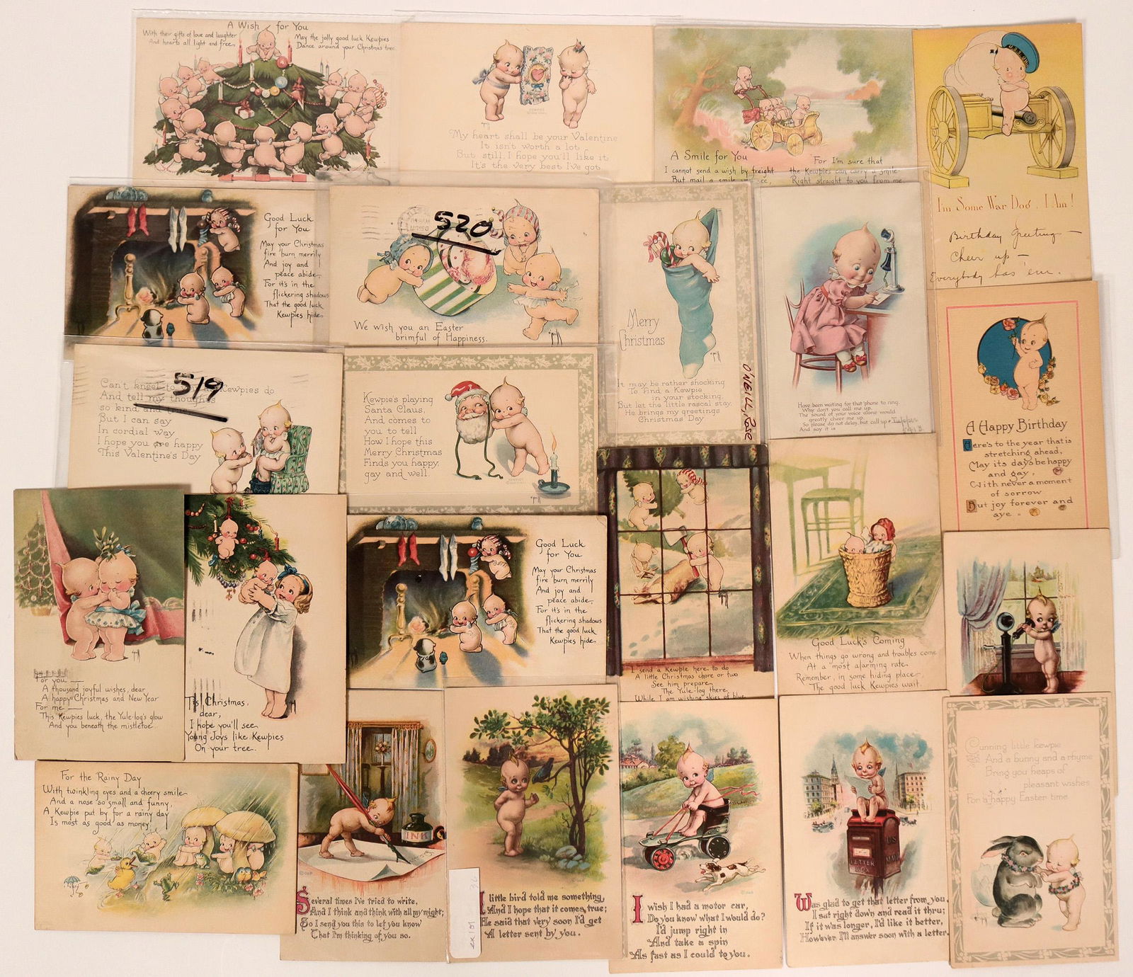 Kewpie Doll Postcard Group (23) (111679): Lot includes five from Gartner & Bender, Chicago, fourteen from Gibson Art Co., Cincinnati, and four others. See photos of this cute group.Provenance: John Reynolds CollectionCountry (if not USA): Sta