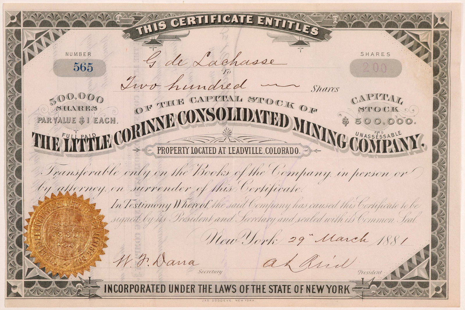 Little Corinne Consolidated Mining Co. Stock: Property Located at Leadville, Colorado (printed under title). Inc. in New York. No. 565, issued for 200 shares to G. de Lachasse on March 29th, 1881 in New York. Signed by president AL Reid and secre