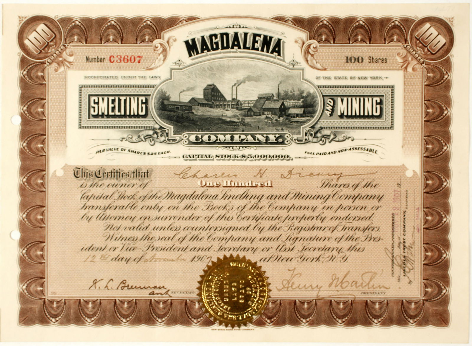 Magdalena Smelting & Mining Co. Stock Certificate,: Inc. in New York. No. C3607, issued for 100 shares to Charles H. Dickey on Nov. 12th, 1907. Signed by Henry W. Catlin, president, and K.L. Breeman, asst. secretary. Punch cancelled on the left side. V
