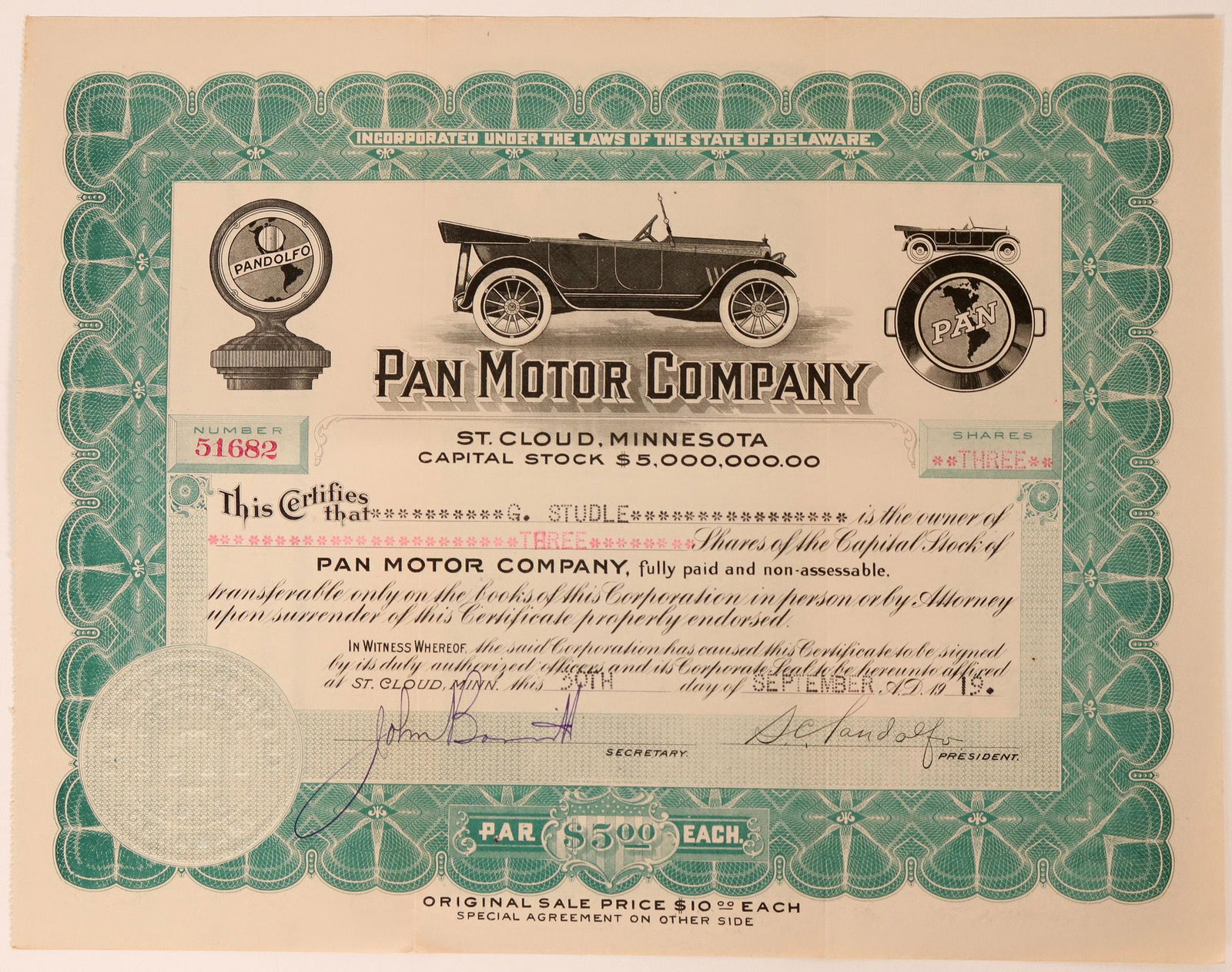Pan Motor Company Stock Certificate (113240): Inc. in Delaware. No. 51682, issued for 3 shares to G. Studle in 1919. Signed by SC Pandolfo as president and secretary John Bennett. Not cancelled. Green border, black print, and three vignettes: ear