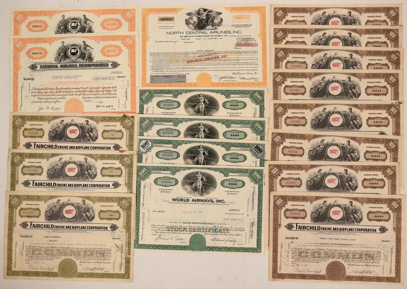 Airlines and engine stocks (115871): 20 certificates. Three 100 shares Orange National AIrlines, Incorp, issued 1974. Four Green 100 shares, World Airways, Inc issued 1971. Twelve Fairchild Engine and Airplane Corp. issued 1954-57, Green