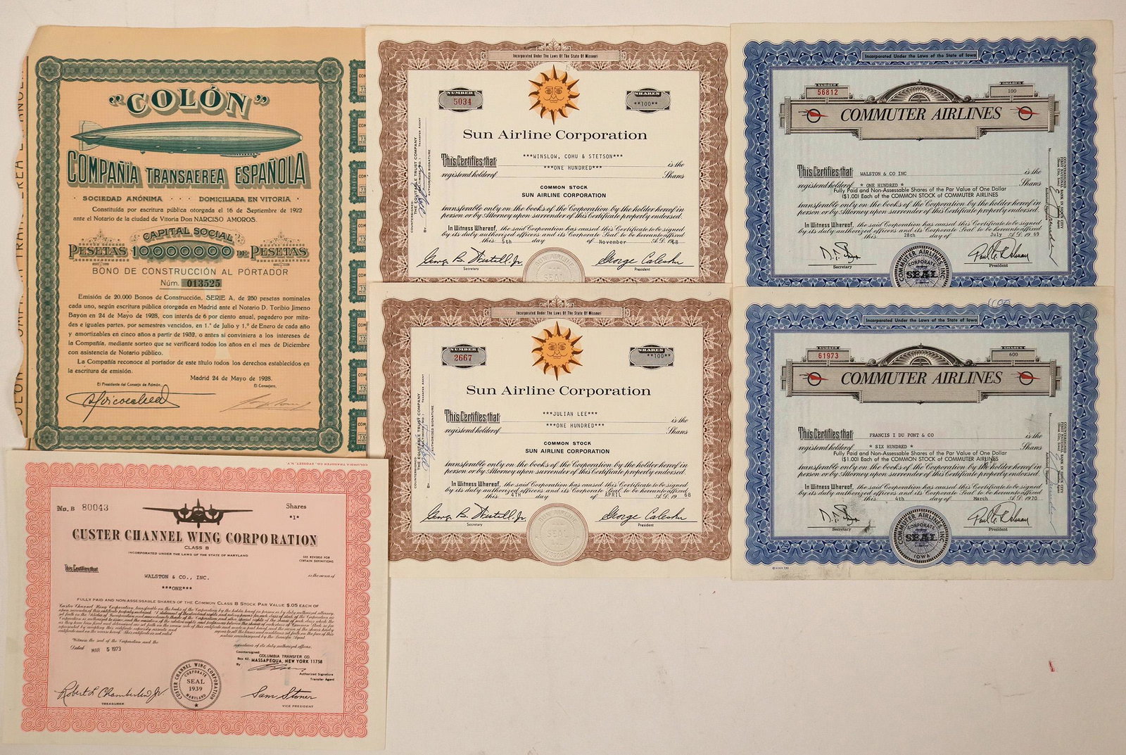 Airline Company Stocks (115868): 6 certificates. 1. Custer Channel Wing Corp. Incorp 1939 Maryland. Red, $.05 shares, issued March 1973. EF 2. Two Commuter Airlines incorp. Iowa. Blue, $1.00 par, issued July 1969. no vignette, Goes p