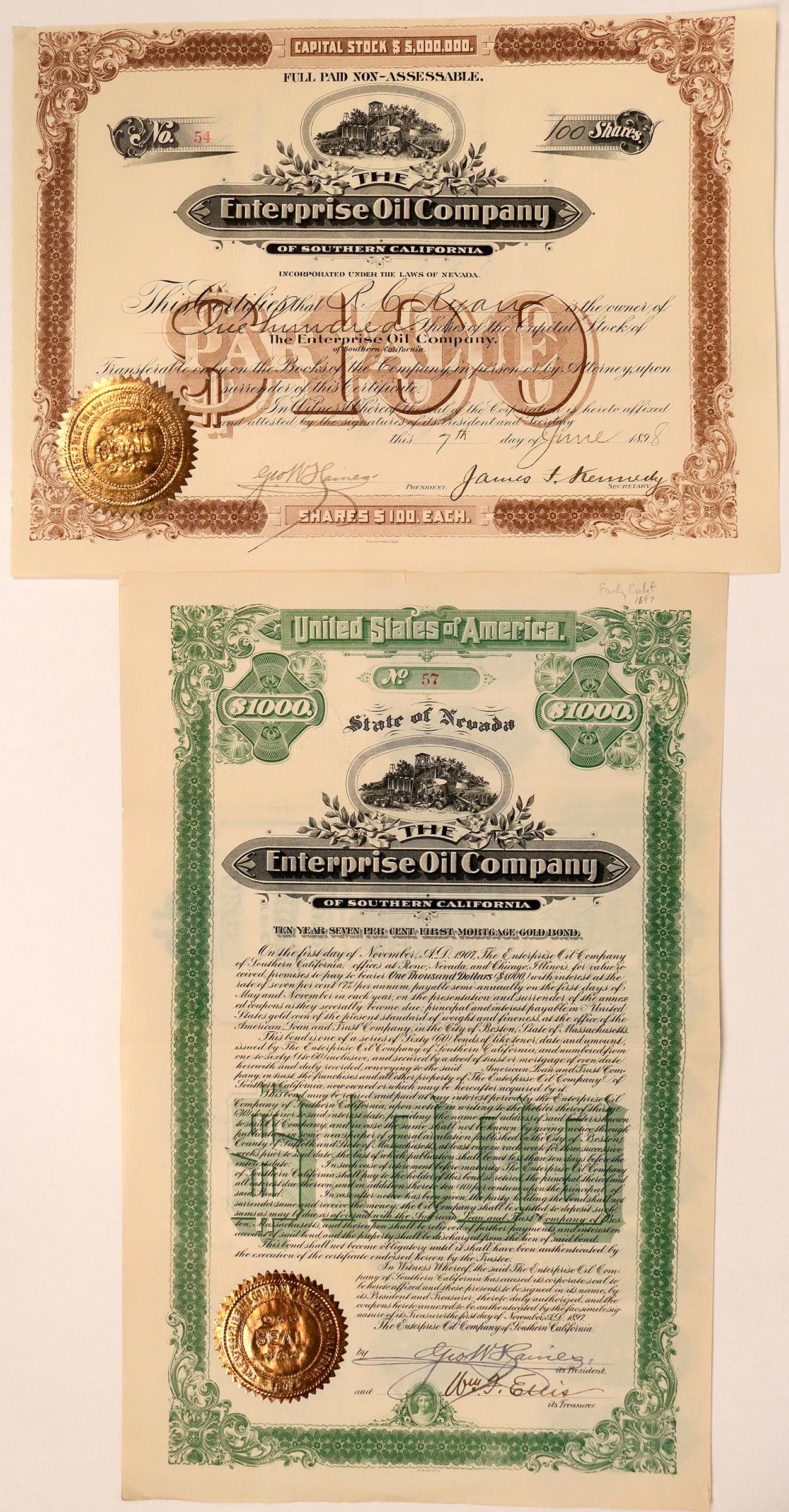 Enterprise Oil Company of Southern California Gold Bond: 1) Number 54 for 100 shares to RC Ryan. Singed by secretary James Kennedy and presdient George Haines. Small oil vignette. Gold Seal. 2) $1000, 1st Mtg. Gold Bond issued in 1897. Number 57. Signed by