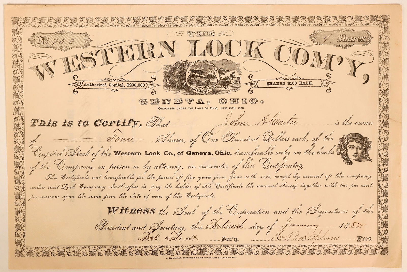 Short-lived Western Lock Company Stock Certificate from: Number 253 for 4 shares to John Carter. Signed by Charles Talcott and president HB Stephens. Ohio vignette inside telegraph poles and roaming cattle. Some light fading and a few small rips. Very nice.