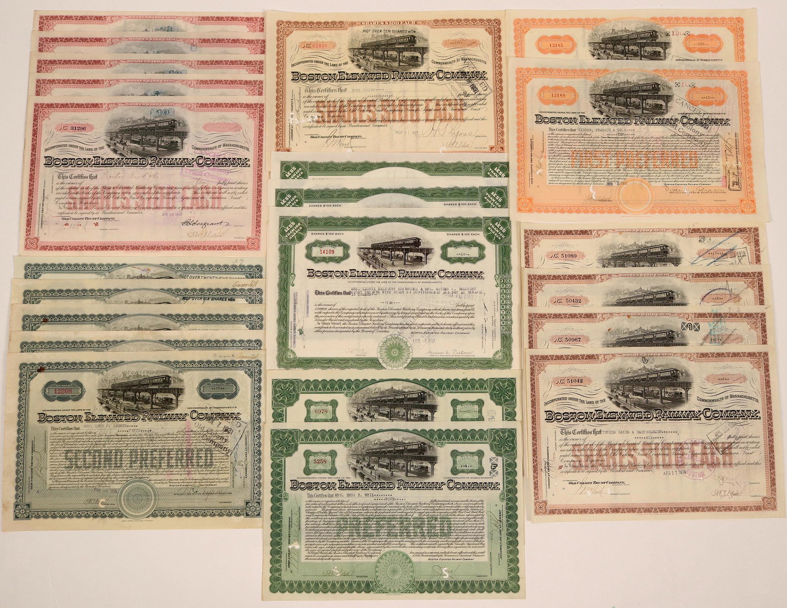 Stock Certs for Boston Elevated RWY Co. (117210): There are 19 stock certificates issued by The Boston Elevated Railway Company. All copies are canceled. The issue dates range from 1919 to the 1930s. All are in very good condition.Provenance: Ken Pra