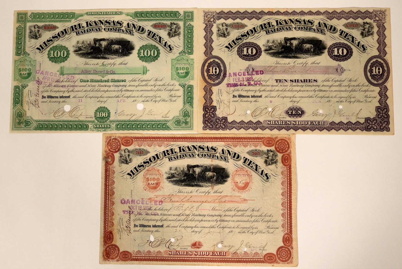 Missouri, Kansas & Texas Railway Stocks Signed by: Lot of 3 different. All are issued in 1887, punch cancelled, and signed by George J. Gould as second vice-president. George Jay Gould I (February 6, 1864 [x=#8211/] May 16, 1923) was a financier and t