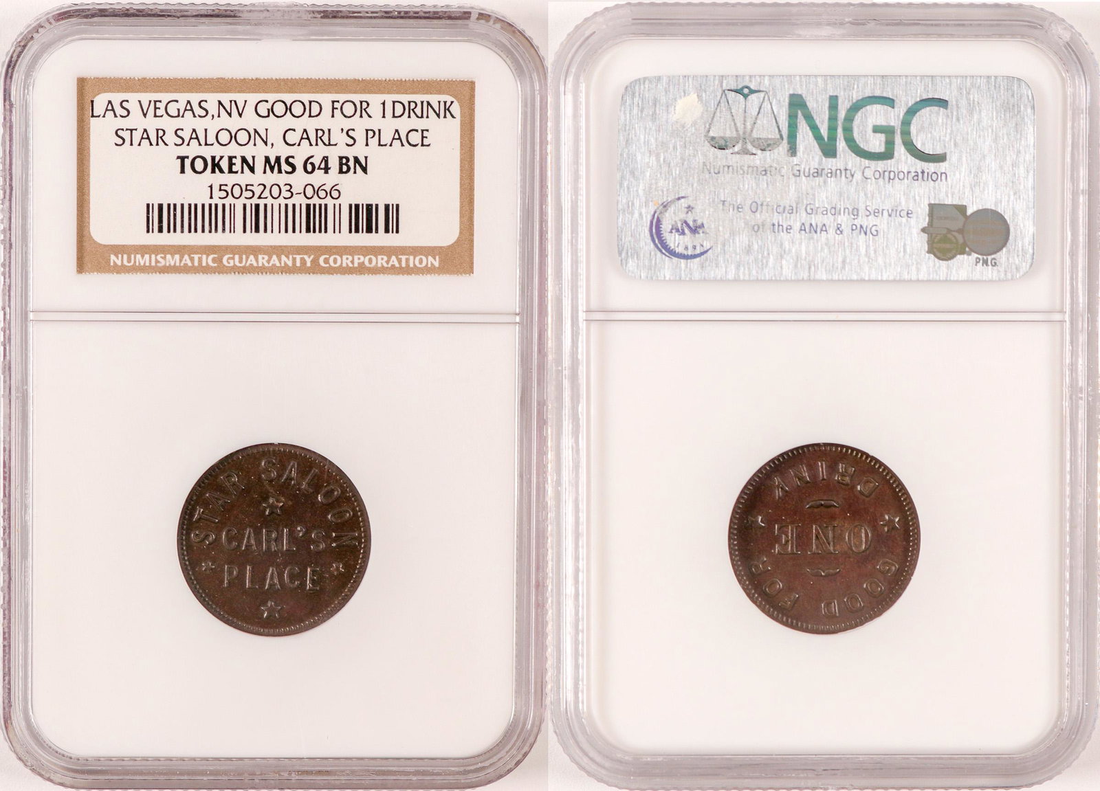 Star Saloon/Carl's Place Token (89019): NGC certified MS 64 BN. Beautiful condition.Provenance: Country (if not USA): State: NevadaCity/County: Las VegasDate: