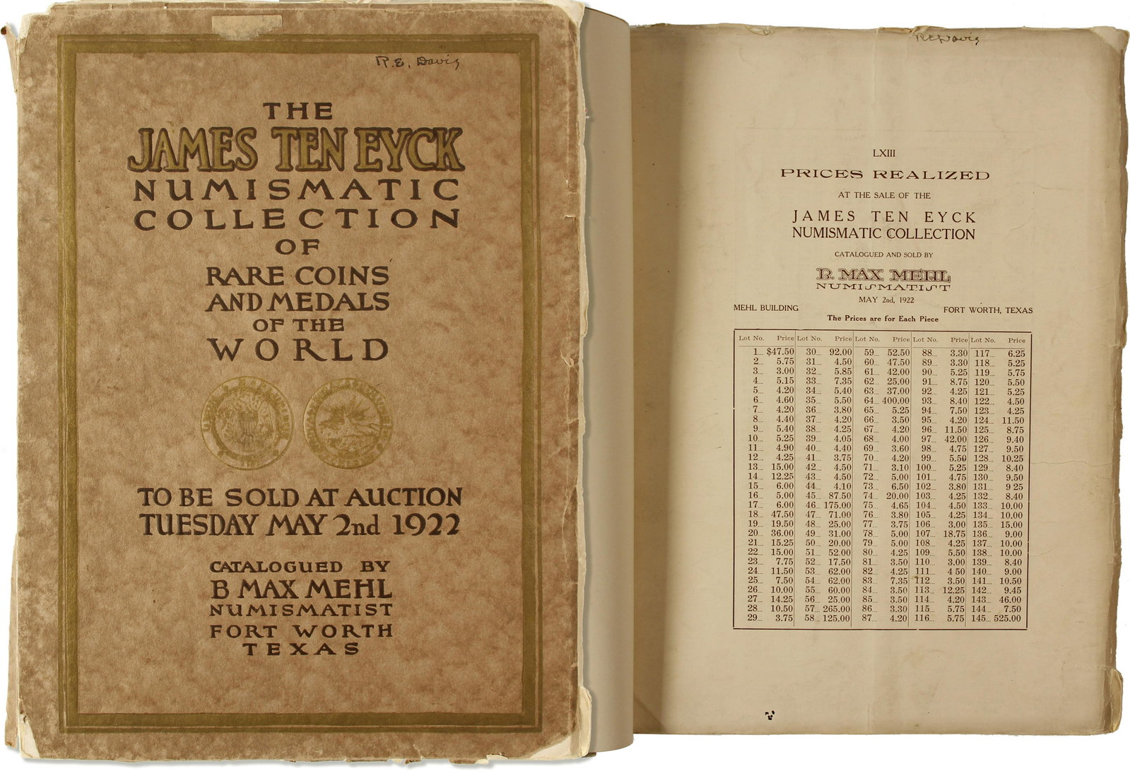 James Ten Eyck Auction Catalog by Max Mehl (85548): Rare catalog of the May 2nd, 1922 sale of the numismatic collection of James Ten Eyck, including the Brasher Doubloon (sold for $3000). 192 pages, and additional plate pages of black and white photogr