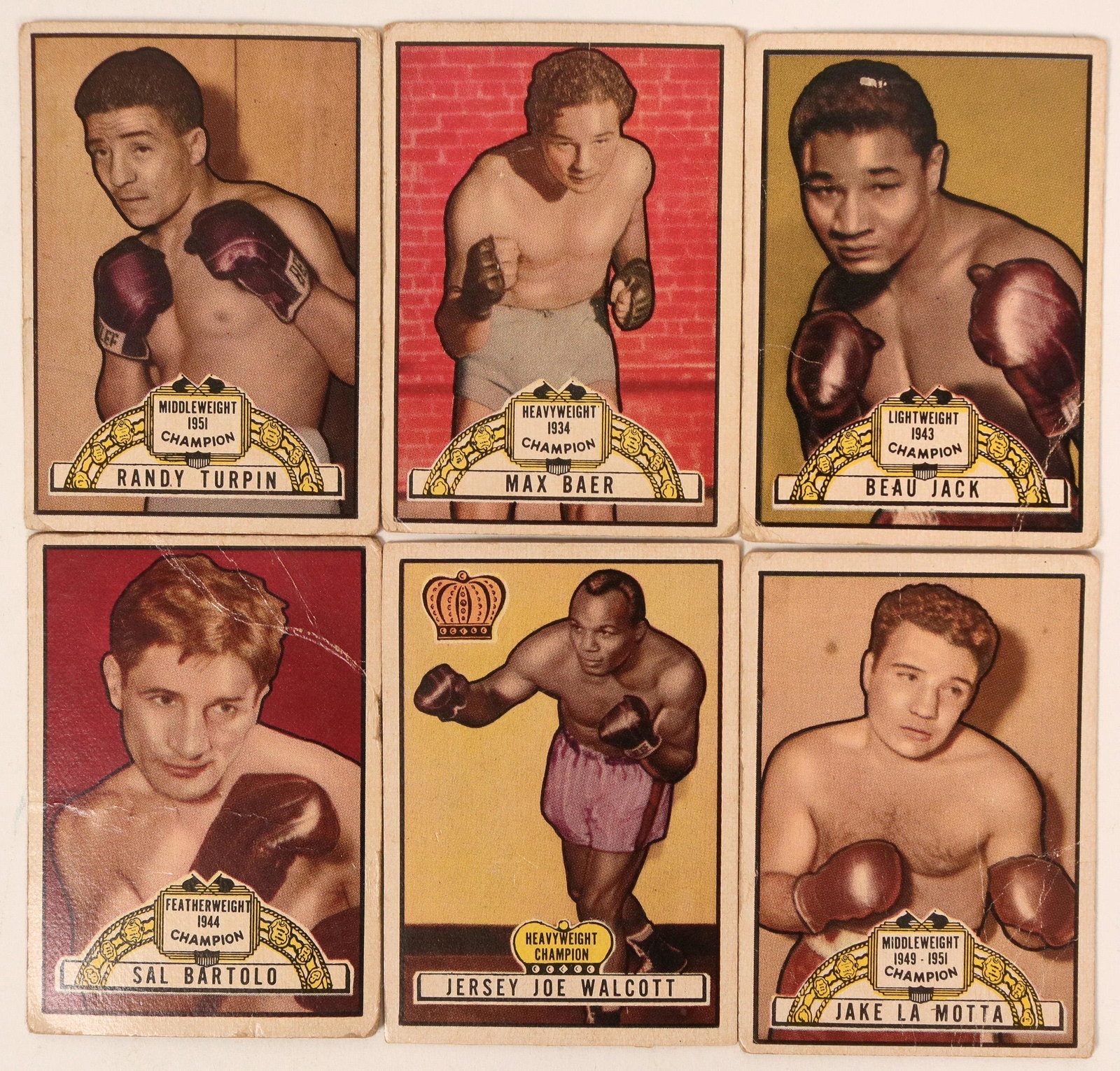 Topps Ringside Boxing Cards (108806): Seven of the Topps Boxing cards: #3 Jake LaMotta; #10 Randy Turpin; #11 Max Baer; #22 Beau Jack; #28 Sal Bartola; #31 Jersey Joe Walcott. None are near-mint, but several are perhaps very fine. See pho