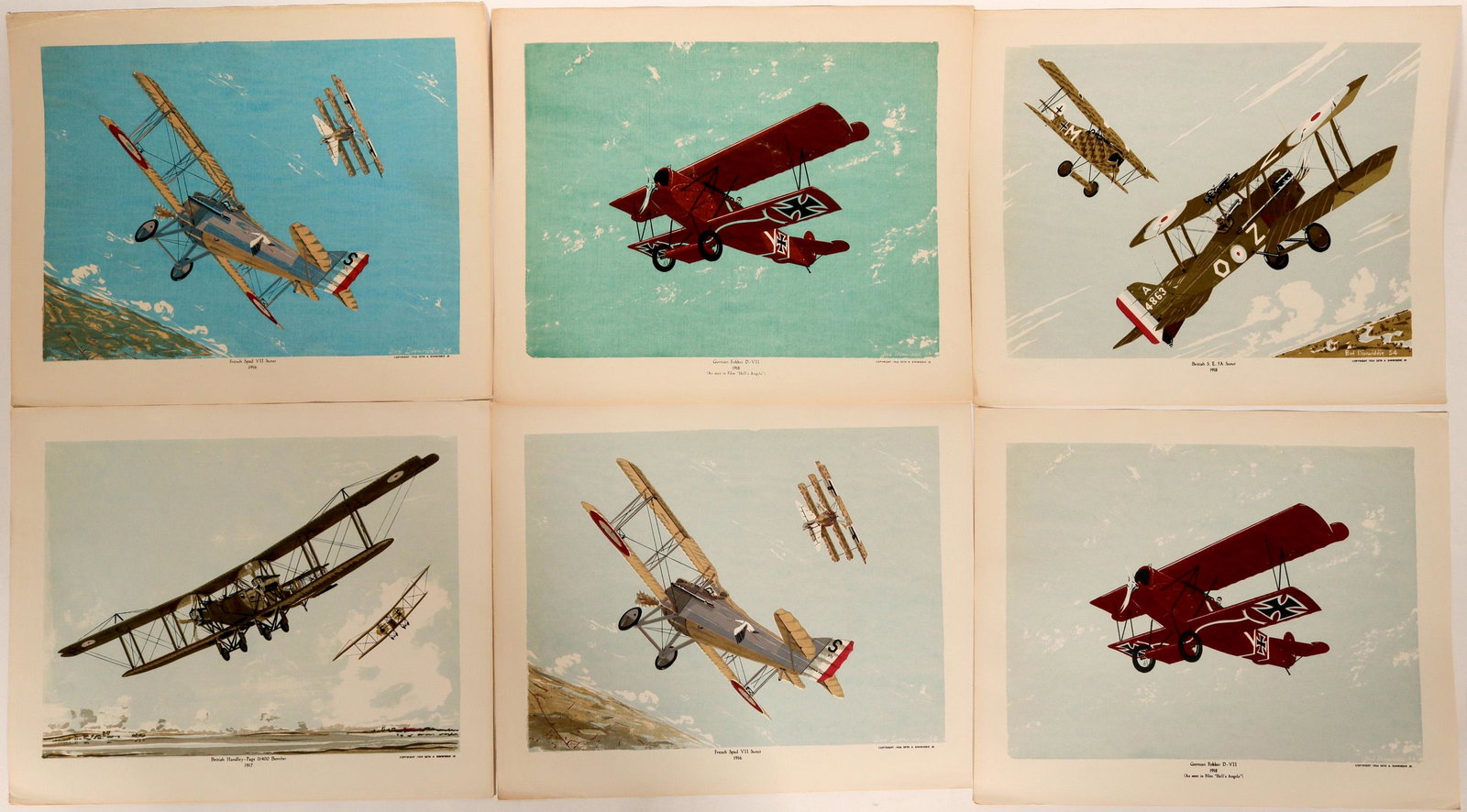 WWI aircraft prints (109444): 6 limited edition prints by Seth "Bud" Dinwiddie JR. circa 1954. Four of the prints have notes on the back regarding authenticity and the individual aircraft specifications. Includes : French Spade VI