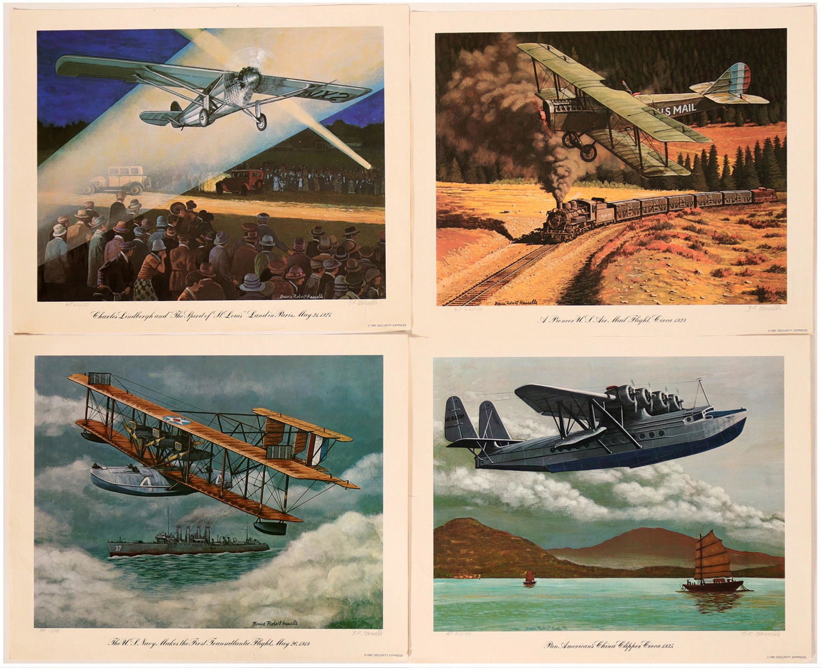 Famous Flight prints (109440): Four Prints by Bruce Robert Hasselle. Each print is numbered and signed in pencil by the artist. The prints include Lindberg lands in Paris, First US Mail Air Flight, US Navy First Trans Atlantic Flig