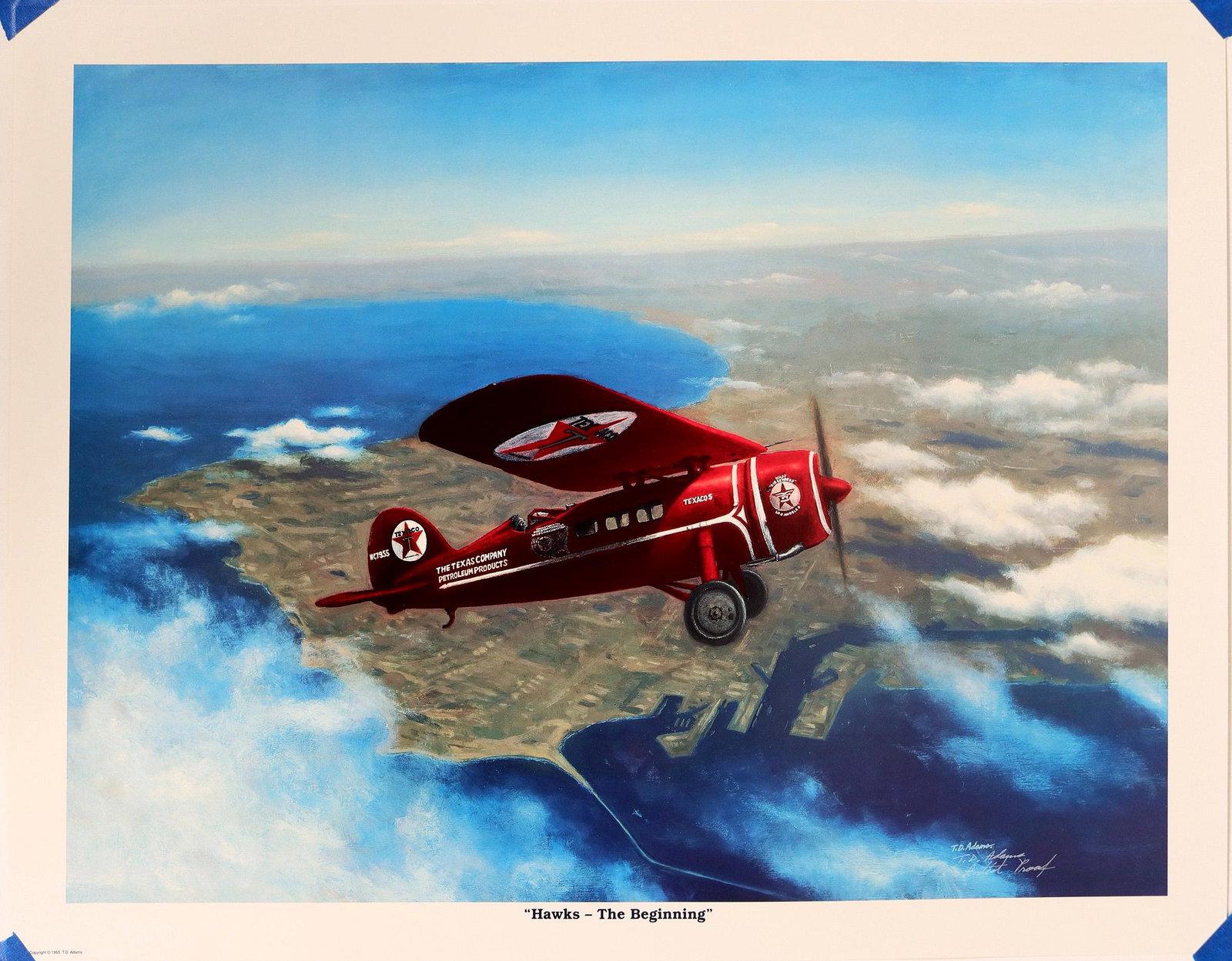 Hawks-The Beginning/Racing With Legends (109425): Two aircraft prints. 1. Hawks-The Beginning by T.D. Adams. 1995 artist proof of the Texaco Wasp Air Express.2. Racing With Legends. 2000, 37th National Championship by artist David Peters.Provenance: 