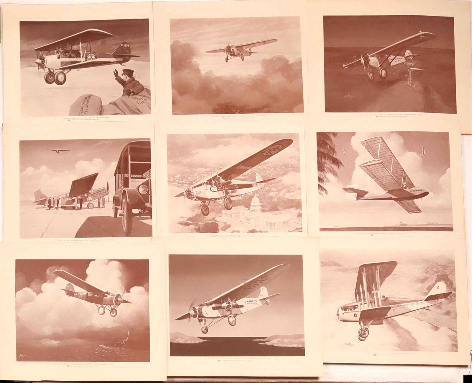 Historical Airline prints (108962): Sepia prints from the Philips Petroleum Historical Aircraft series. In the 1960's, these art prints of WWI and civilian airplanes were handed out at Phillips Petroleum gas stations along Route 66 as a