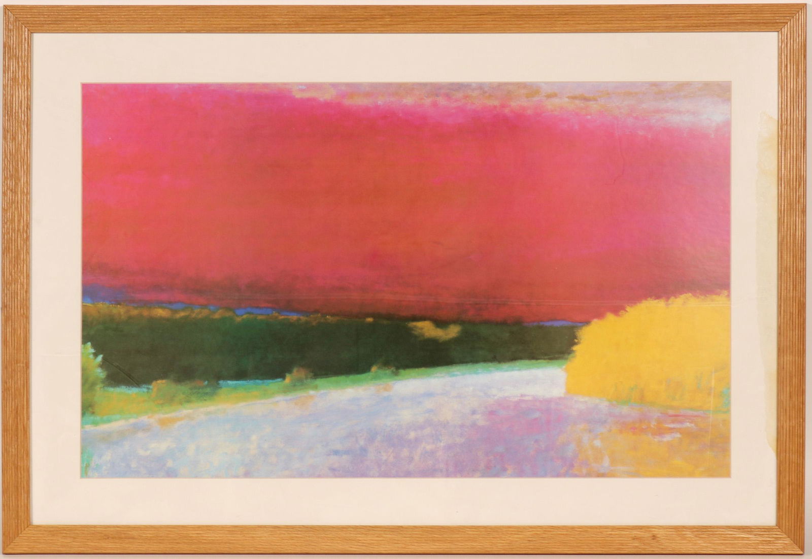 Print of Pastel Landscape (109863): Lovely abstracted pastel landscape, similar to paintings by Wolf Kahn. This is a print , not original work. Image size, 19" x 31". Matted and framed, 28" x 38". Mat shows water damage on right side. P