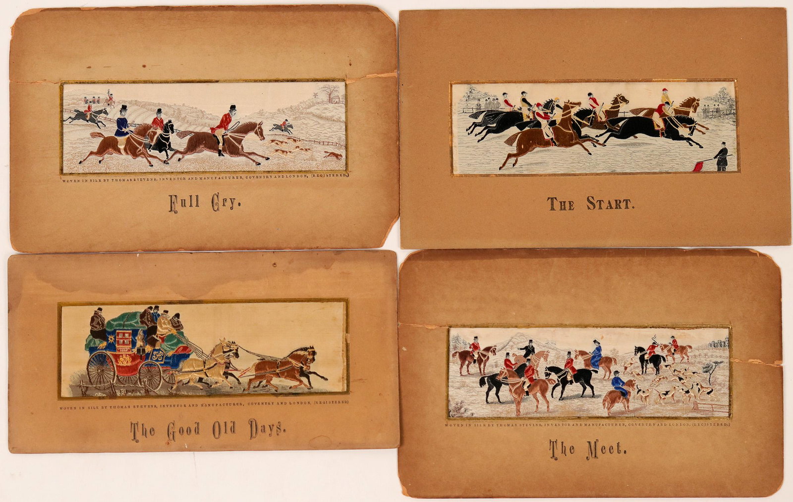 Stevengraph Silk Woven Pictures (117179): Lot of four Stevengraph Pure Silk Woven Pictures, featuring horseback, fox hunting and stagecoach designs. Thomas Stevens, a weaver in Coventry, England, began weaving tapestry pictures in 1862, later
