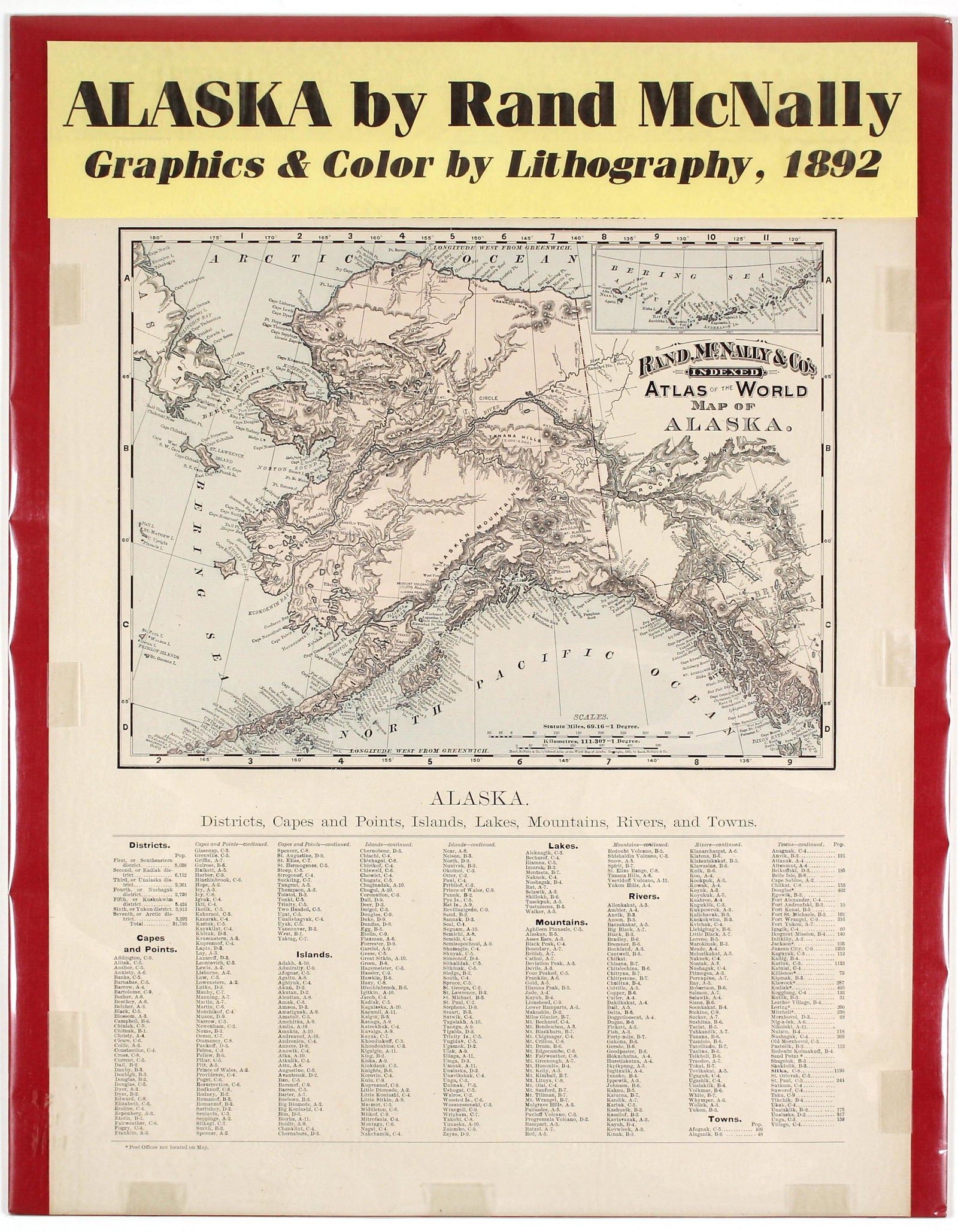Map of Alaska (72001): Alaska by Rand McNally, graphics & color by Lithography. Excellent condition. Map shows Districts, Capes & Points, Islands, Lakes, Mountains, Rivers, & Towns. This is at the beginning of the Alaska Go