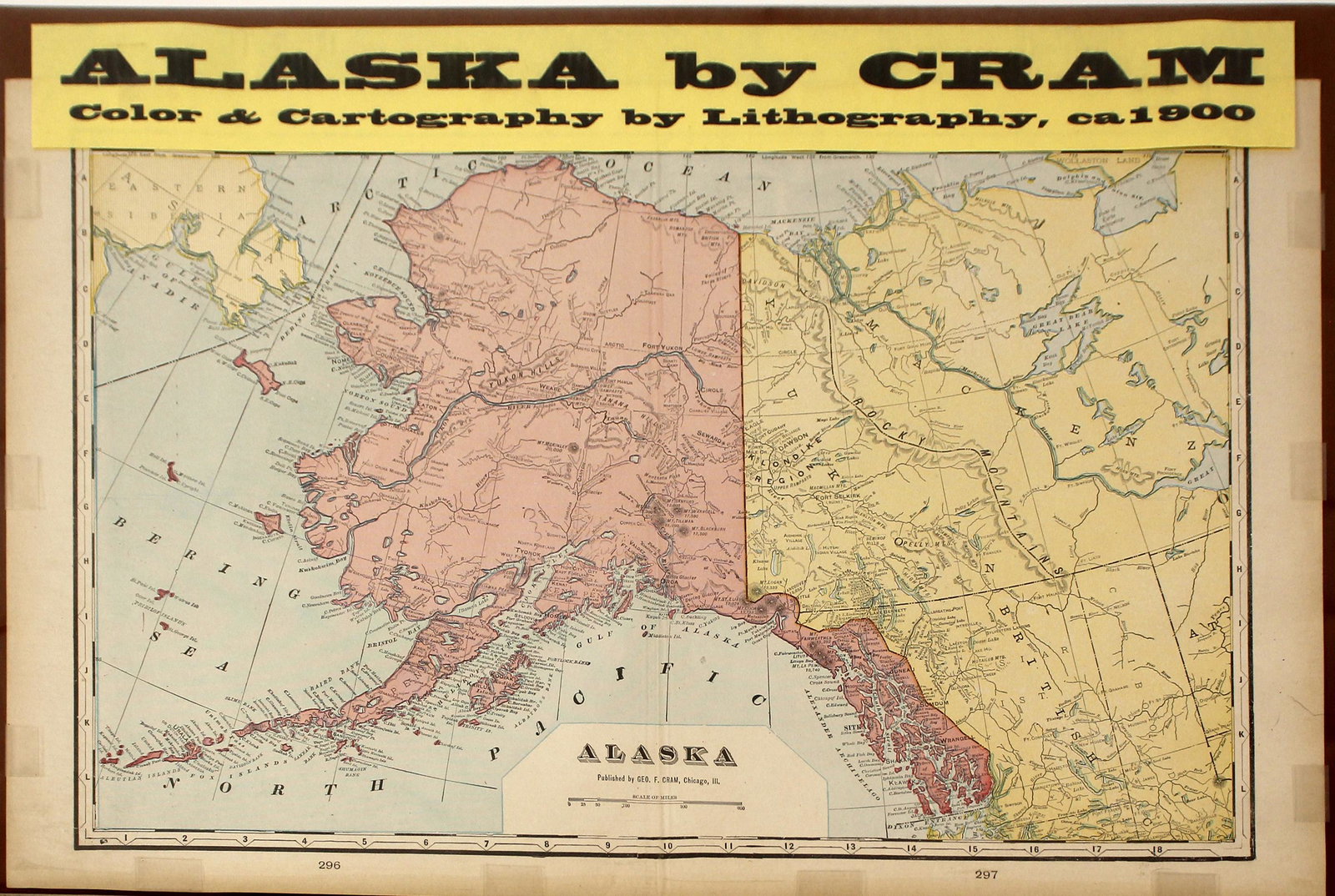 Map of Alaska by Cram (59304): This map is double truck, hand Color & Cartography by Lithography, c. 1900. Published by Geo. F.Cram, Chicago, Illinois. This map shows the gold rush regions of Alaska. Good condition. On Mat Boards (