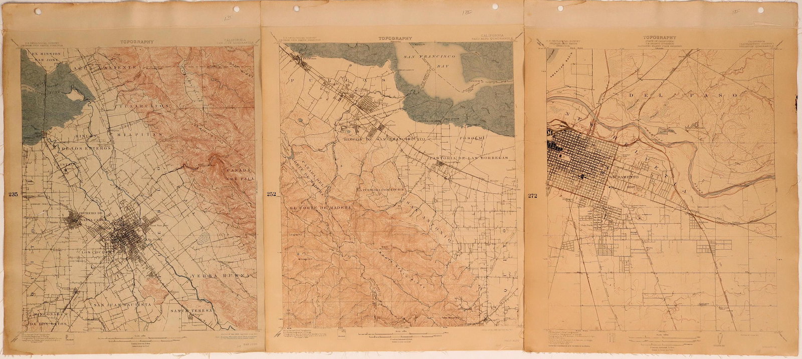 USGS California Topography Maps (Lot of 3) (117748): 1) 1908-09 Sacramento County Brighton Quadrangle USGS George Otis Smith, Director. From June 1911 Edition. 2) 1895 Palo Alto Quadrangle From May 1899 Edition. 3) 1895 San Jose Quadrangle From March 18