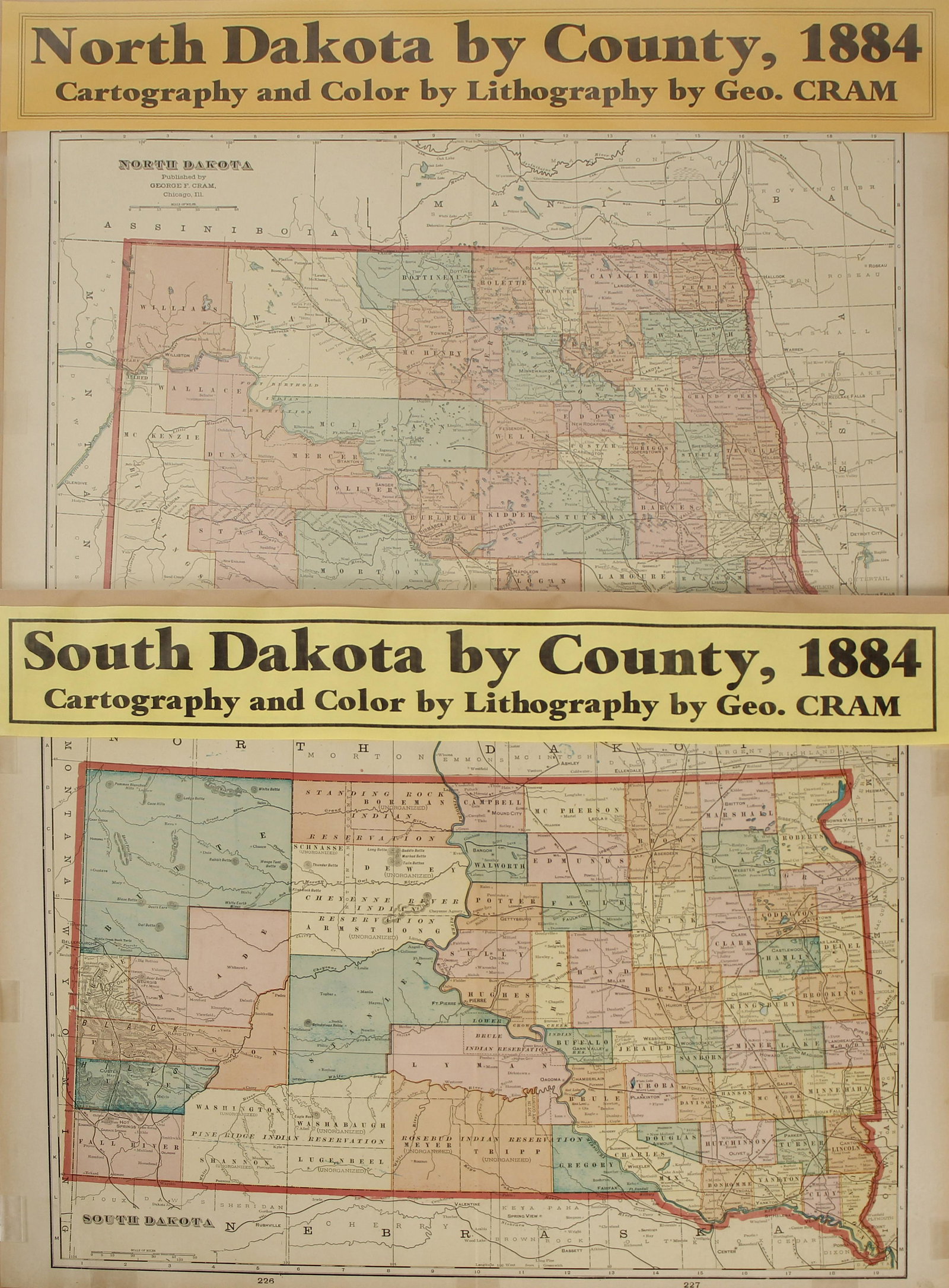 North and South Dakota Maps (2) (63232): 1) South Dakota by County, 1884. Cartography and color by lithography by George F. Cram. Approximately 22.25" x 14.5." 2) North Dakota by County, 1884. Cartography and color by lithography by George F