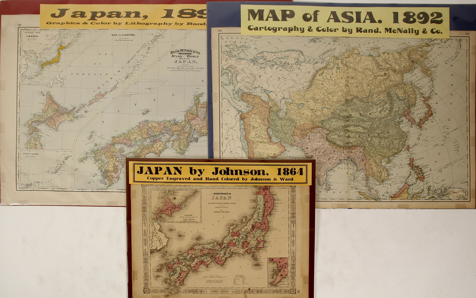 Japan and Asia Maps (3) (63217): 1) Japan, 1864. Copper engraved and hand colored by Johnson and Ward. Approximately 18" x 14." 2) Map of Asia, 1892. Cartography and color by Rand McNally & Co. Approximately 27.25" x 20.5." 3) Japan,