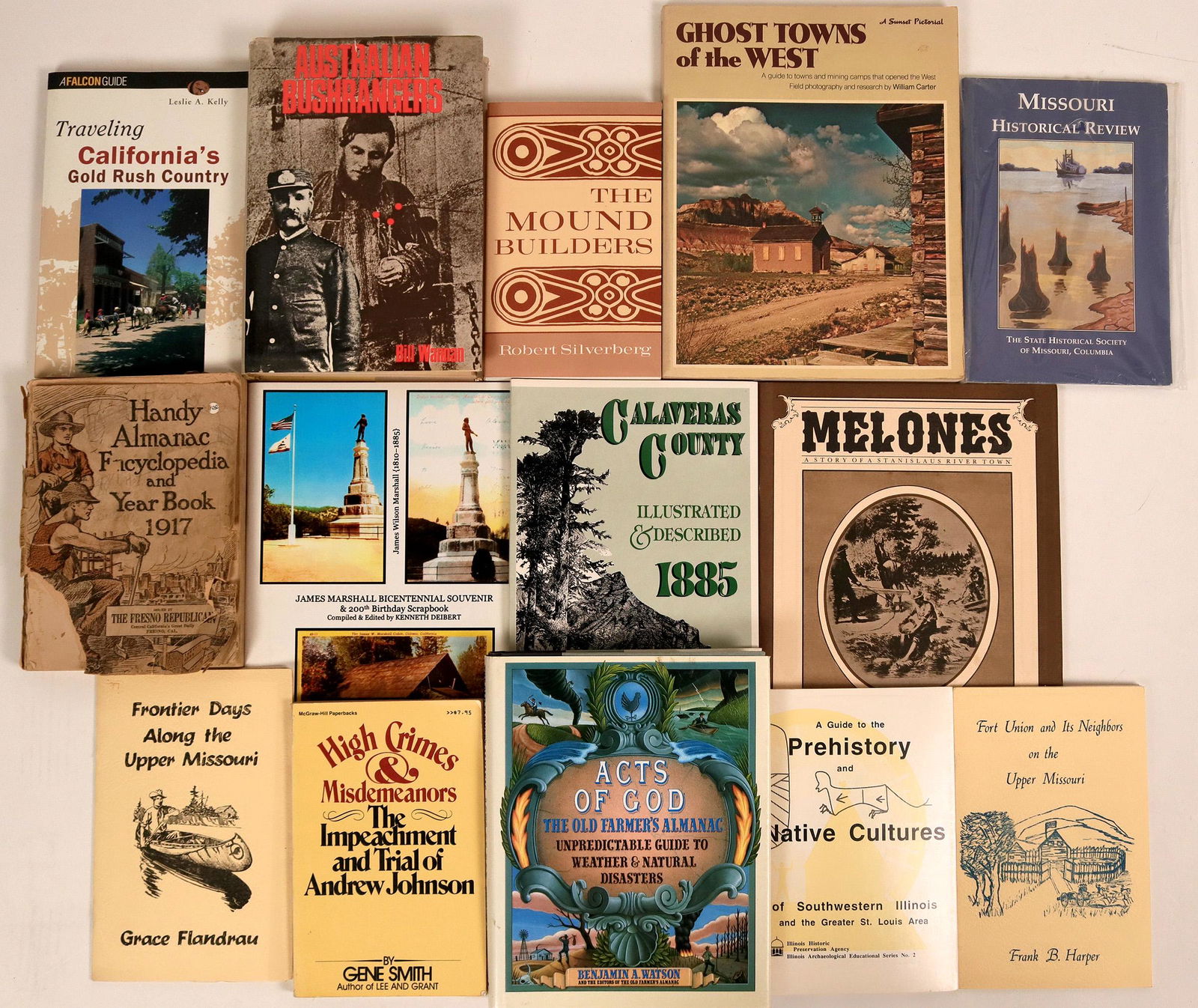 Books of California Motherload and Misc. History: Traveling California's Gold Rush Country, Kelly, 1997; Calaveras County Illustrated, Linrose, 1991; Melones , The Calaveras Heritage Council 1986; John Marshall Bicenn. Souvenir scrapbook by Deibert,