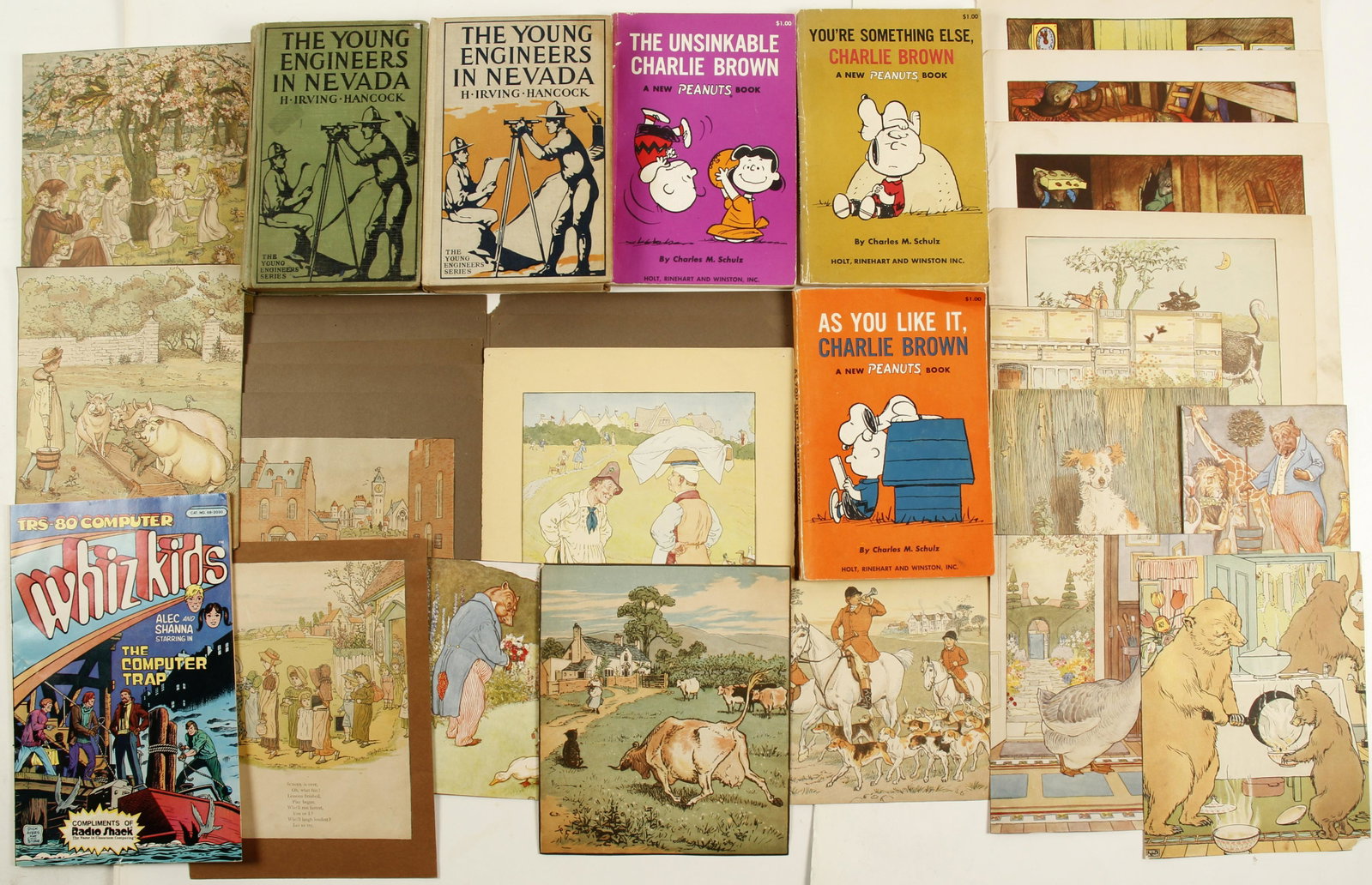 Children's Books & Book Prints (76911): Delightful lot featuring children's book prints, circa 1920's, comic book of Whiz Kids; 3 paperback Charlie Brown comic books A New Peanuts Book, by Charles M. Schulz; 2 hardback books, The Young Engi