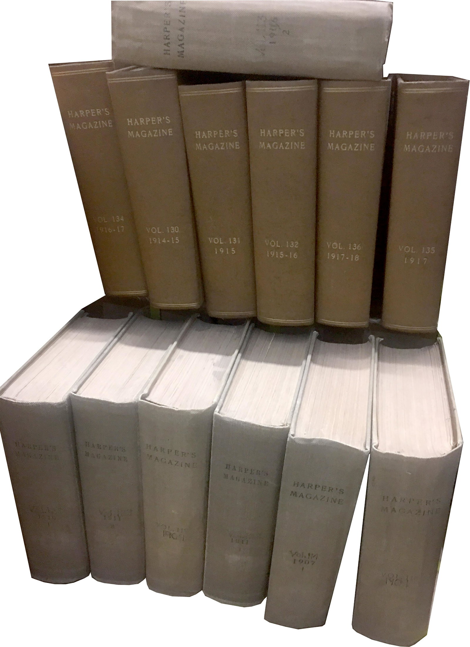 Harper's Magazine, 13 Bound Volumes (59827): Thirteen professionally bound volumes of Harper's Magazine, 1906-1918, but not a complete run for this date series. Includes volumes: 113-2, 114-1, 118, 119, 120-1, 122-1, 123-2, 130, 131, 132, 134, 1