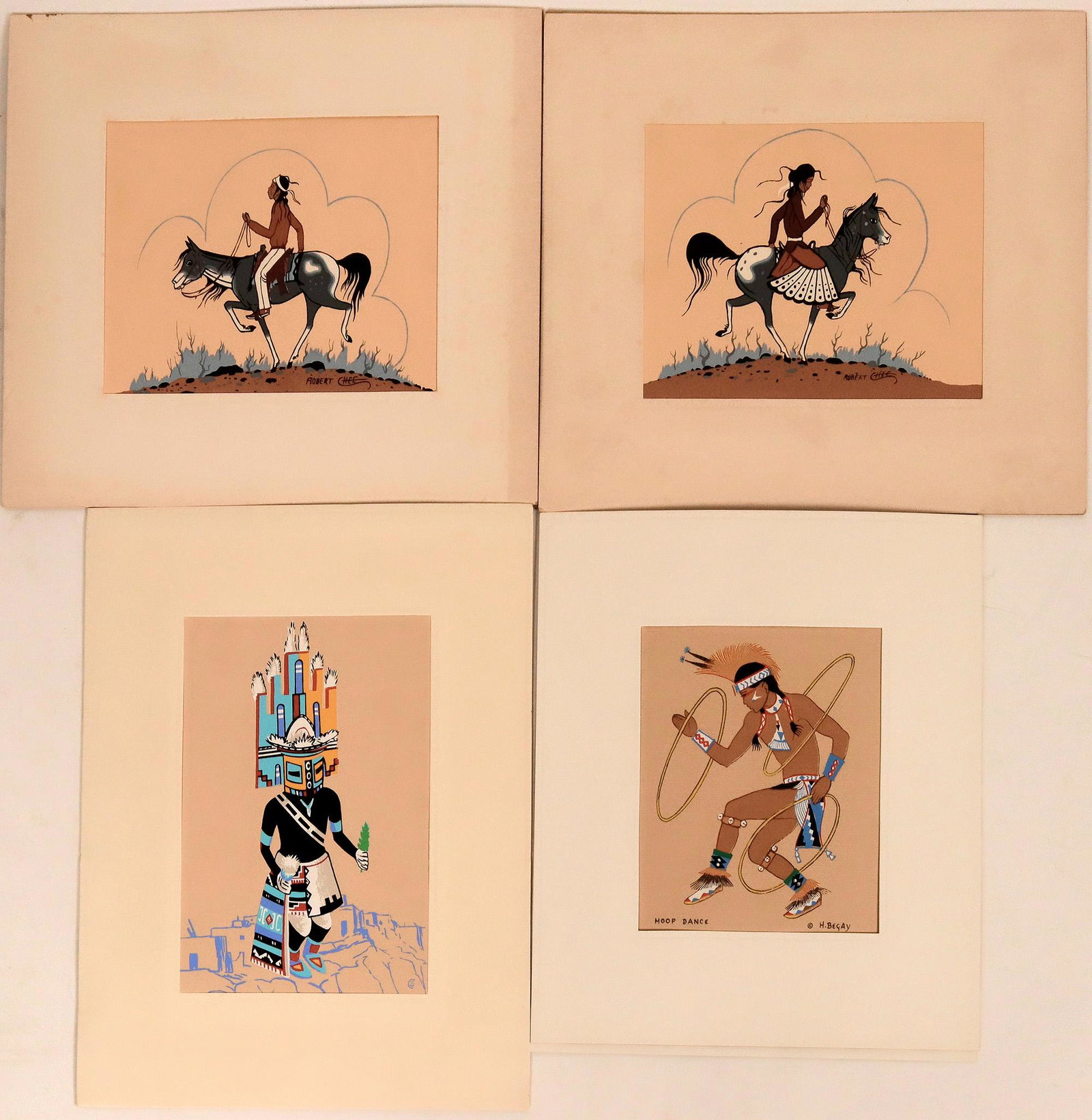 Begay & Chee Silkscreen Prints (5) (120903): Five silkscreen prints by noted Navajo artist Harrison Begay and Robert Chee. Subjects include a Hoop Dancer, a War Dancer, a warrior and a maiden on horseback. There is also a print of a Kachina. All